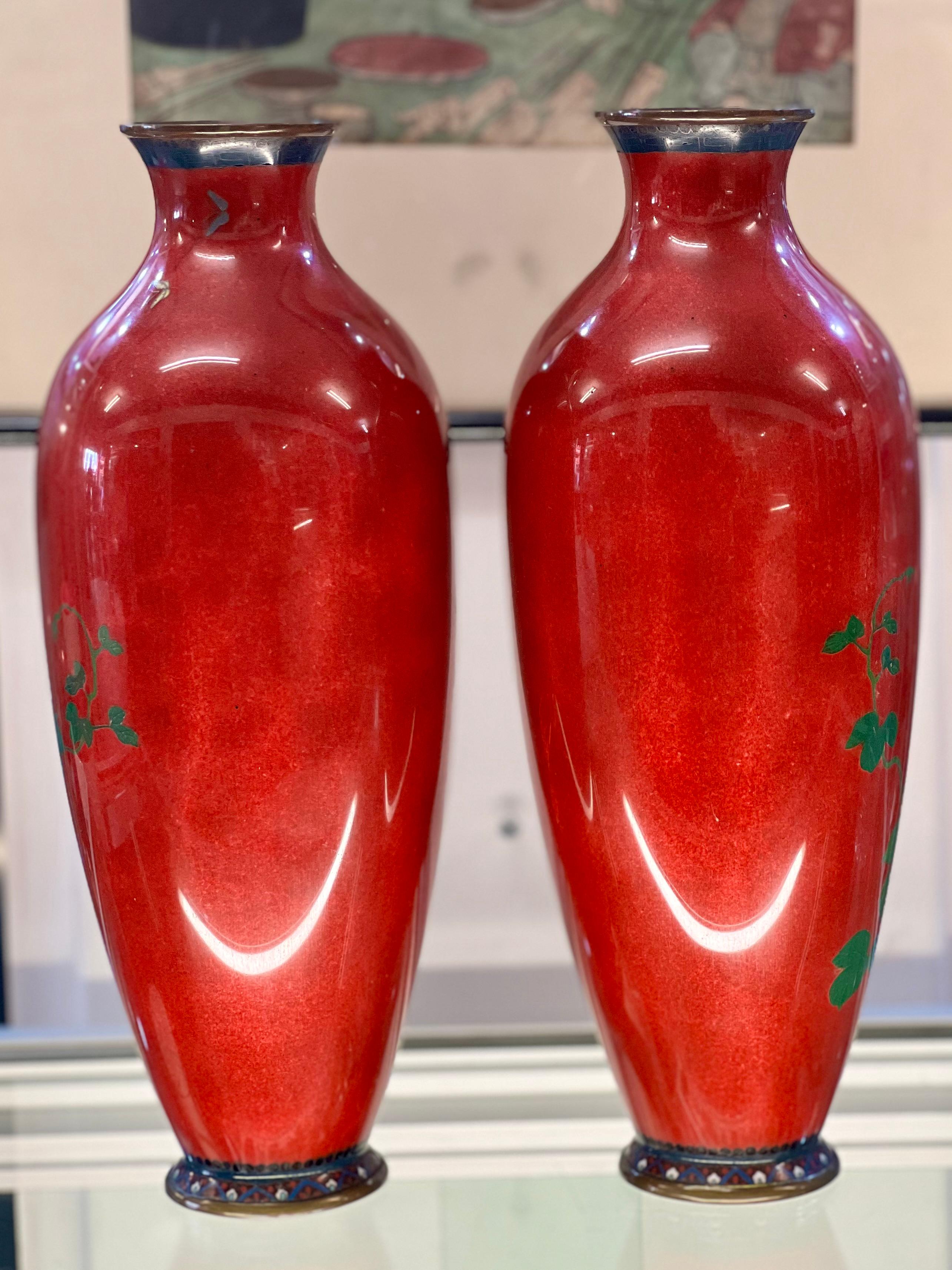 19th Century Exquisite Japanese Cloisonne Enamel Pair of Tall Vases.Meiji period   For Sale
