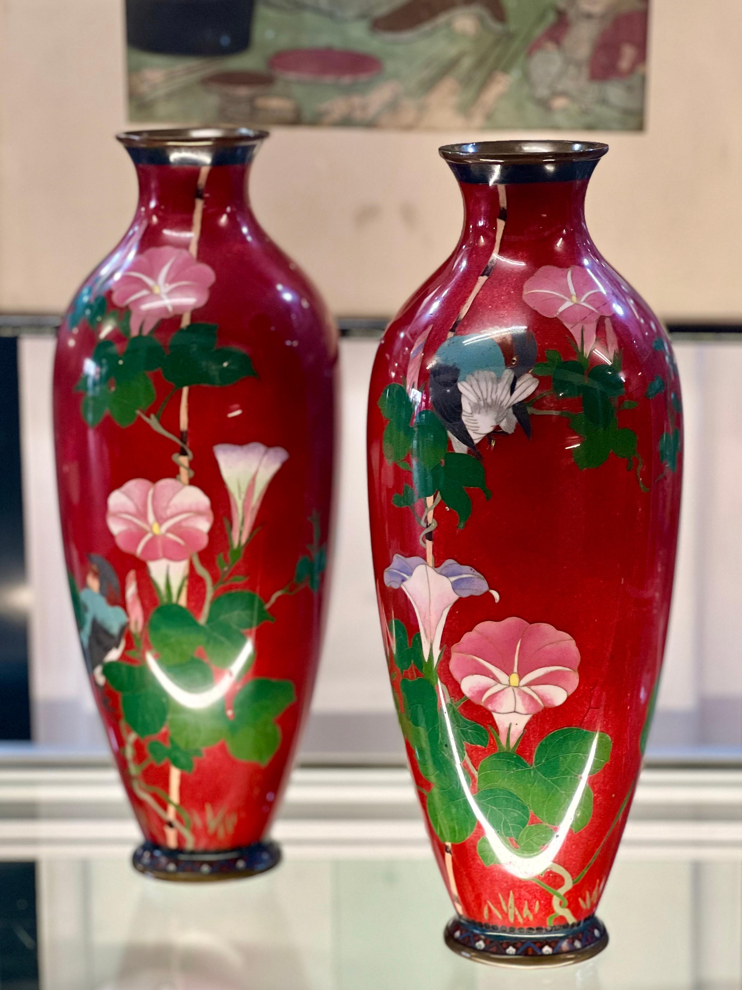 Exquisite Japanese Cloisonne Enamel Pair of Tall Vases.Meiji period   For Sale 1