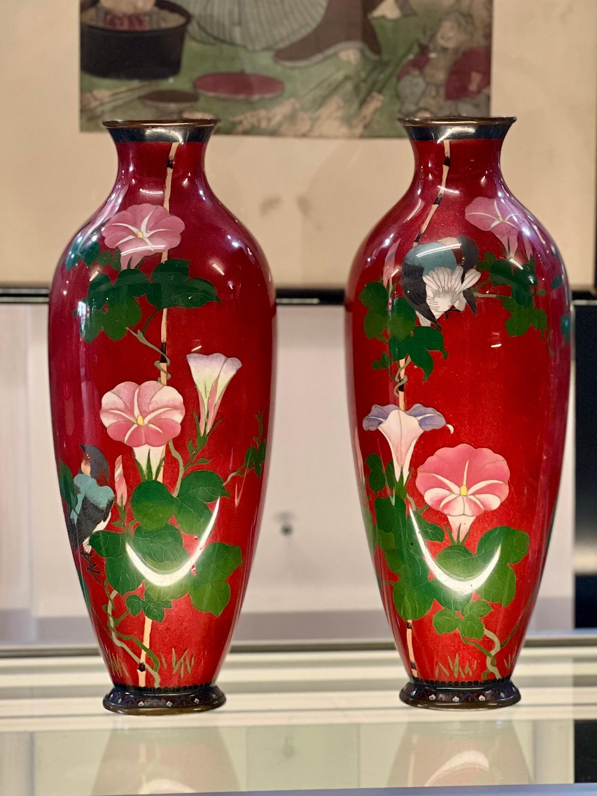 Exquisite Japanese Cloisonne Enamel Pair of Tall Vases.Meiji period   For Sale 2