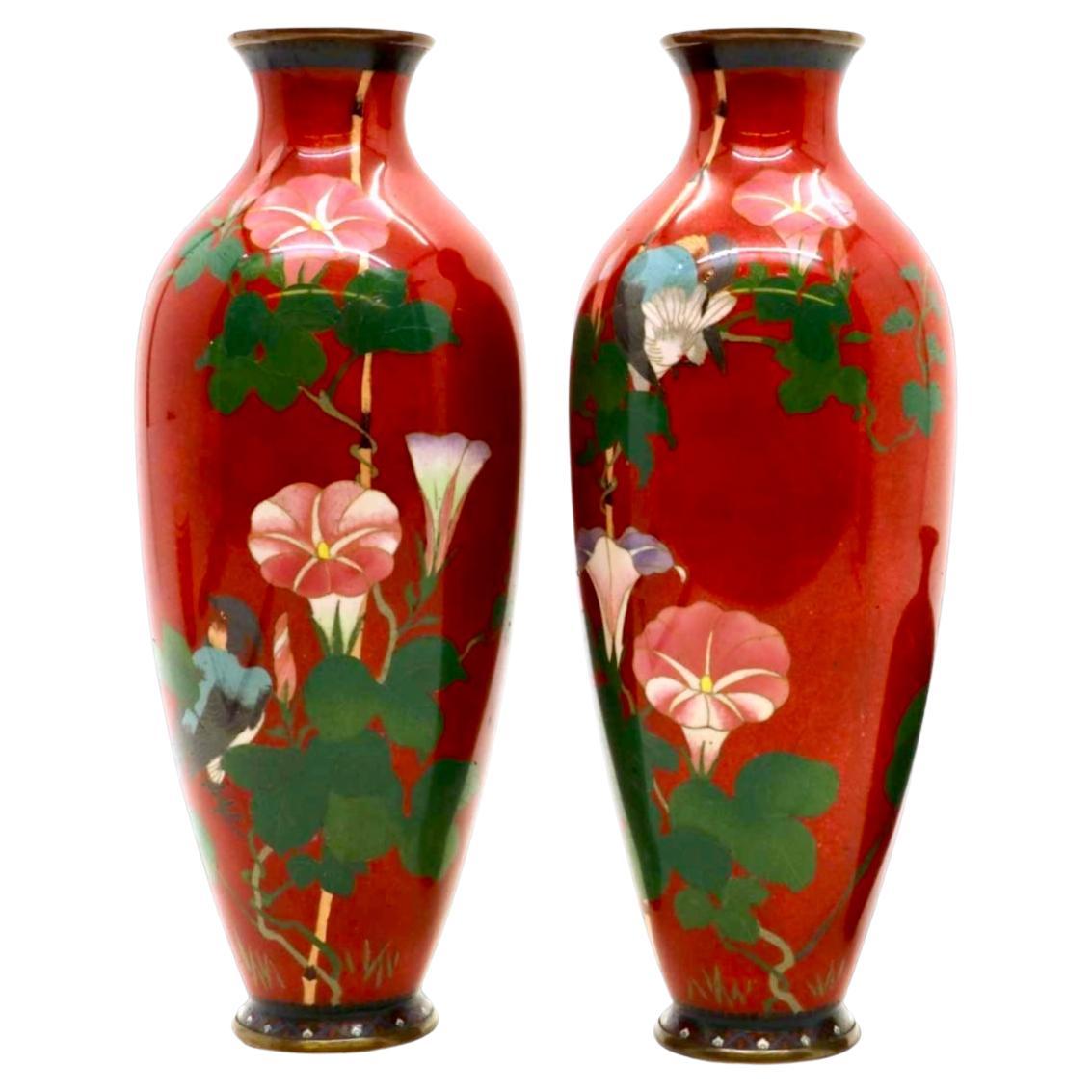 Exquisite Japanese Cloisonne Enamel Pair of Tall Vases.Meiji period   For Sale