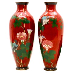 Antique Exquisite Japanese Cloisonne Enamel Pair of Tall Vases.Meiji period  