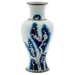 Exquisite Japanese Cloisonné Enamel Vase Blue and White Plum Blossoms, Ando