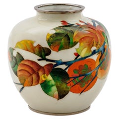 Exquisite Japanese Cloisonné Enamel Vase with Persimmons on Ivory Ground