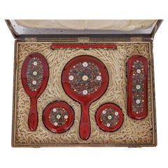 Exquisite Japanese Cloisonné Red Enamel Six-Piece Dressing Table Set, Ando Jubei