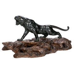 Exquisite Japanese Copper Tiger On Carved Wood Stand