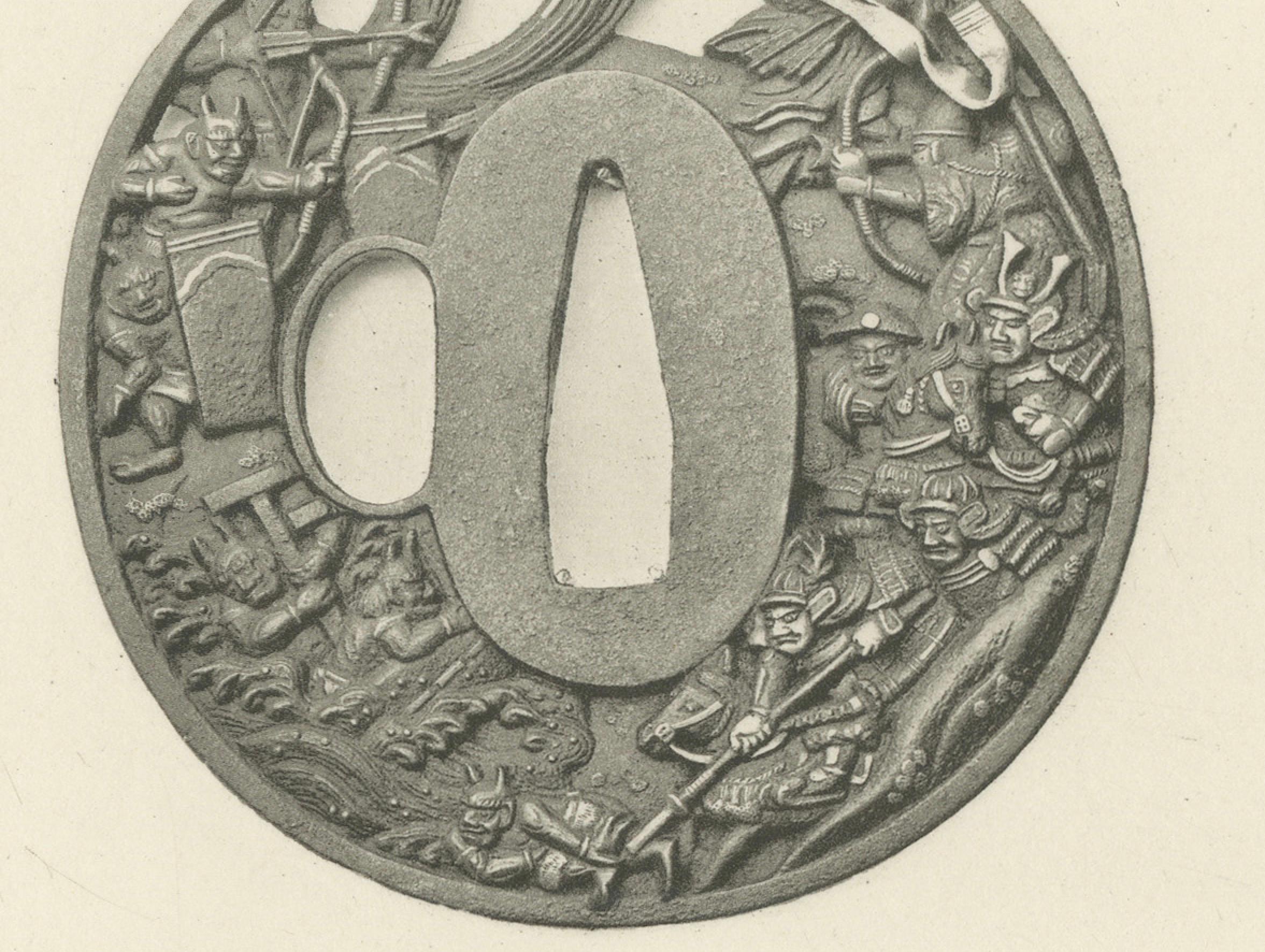 Título: Exquisita Tsuba japonesa (Guardaespadas) - Lámina XII de la Sección VI de la Serie de Arte Decorativo de G. A. Audsley

Descripción: La lámina XII de la Sección VI de la célebre colección de arte decorativo de G. A. Audsley presenta seis