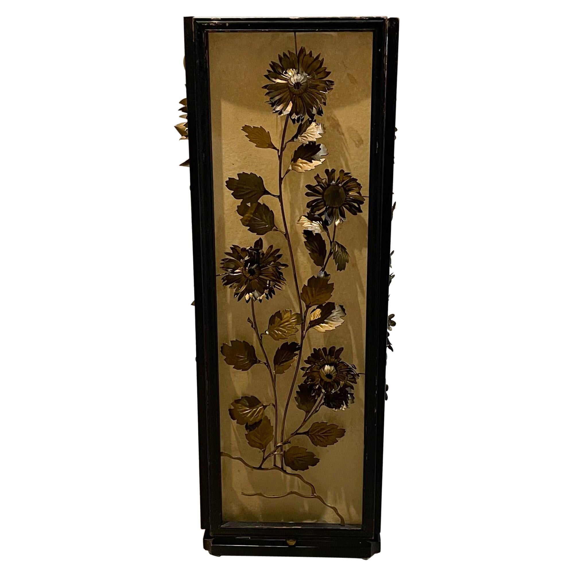 Exquisite Japanese Wood Lantern Table Lamp Unique Brass Flower Panels 1960s Asia For Sale