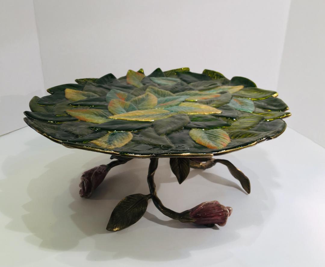 Exquisite Jay Strongwater 3 Roses and Leaves Enameled Metal Cake Holder Plateau 5