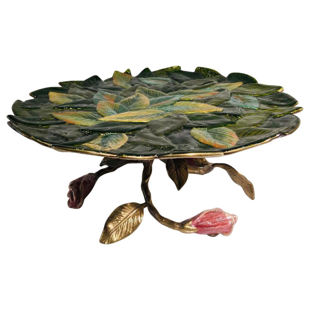 Exquisite Jay Strongwater 3 Roses and Leaves Enameled Metal Cake Holder Plateau