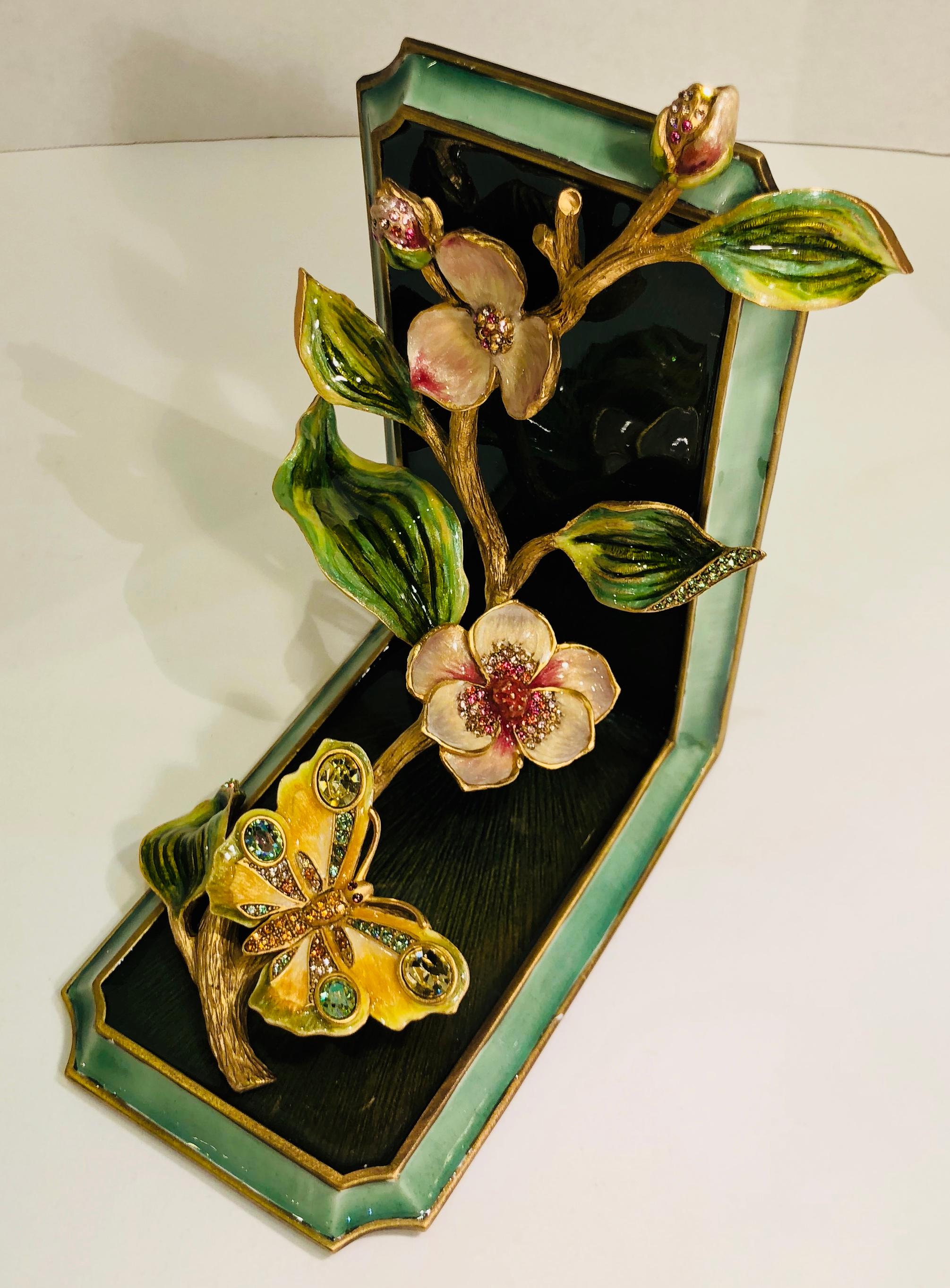 Metal Exquisite Jay Strongwater Jeweled Enamel Dogwood Flowers and Butterfly Bookend