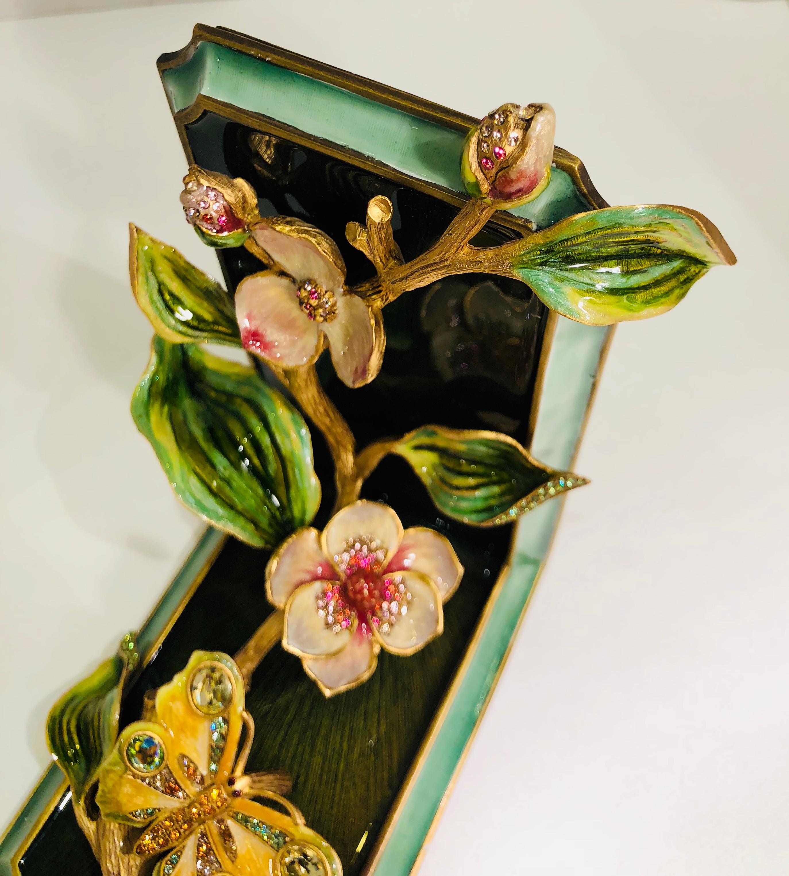 Exquisite Jay Strongwater Jeweled Enamel Dogwood Flowers and Butterfly Bookend 1