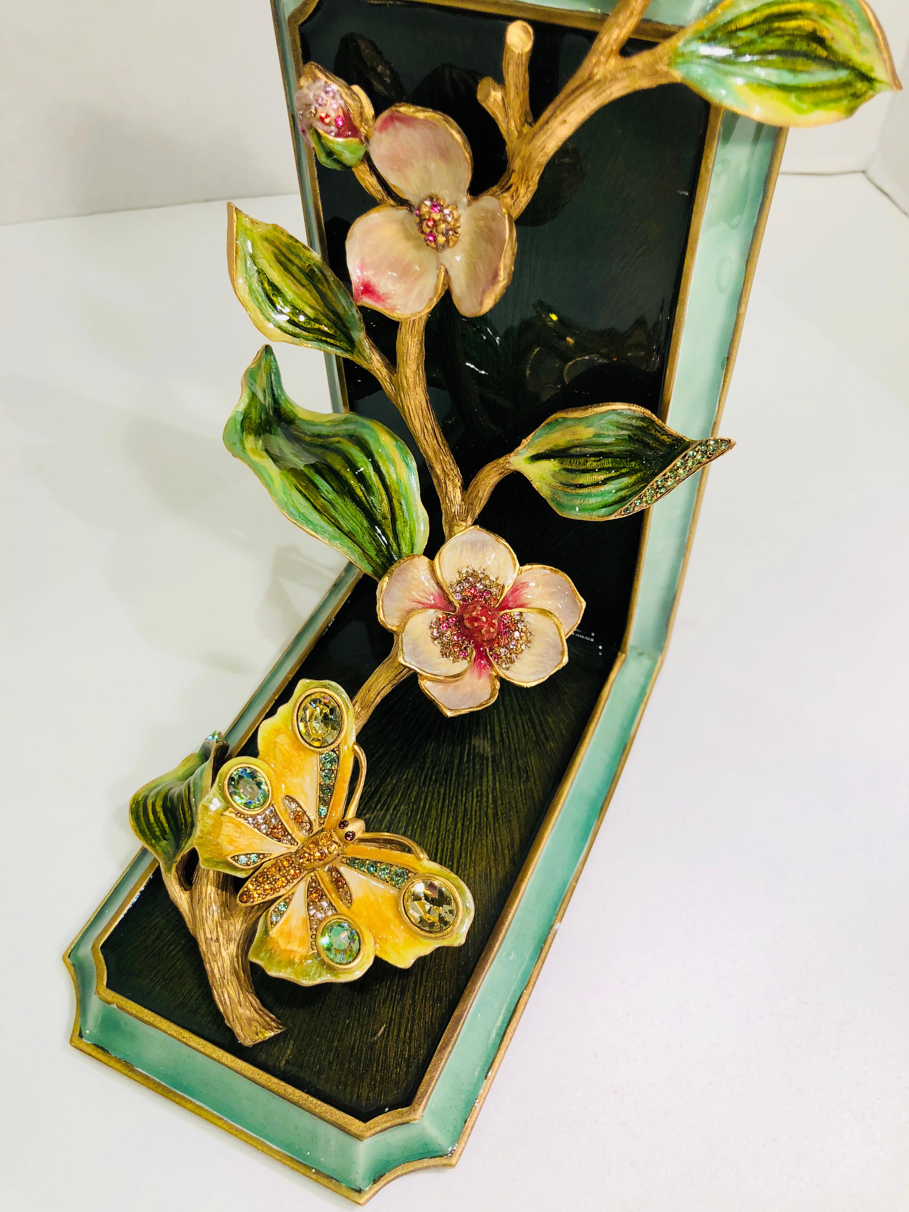 Exquisite Jay Strongwater Jeweled Enamel Dogwood Flowers and Butterfly Bookend 2