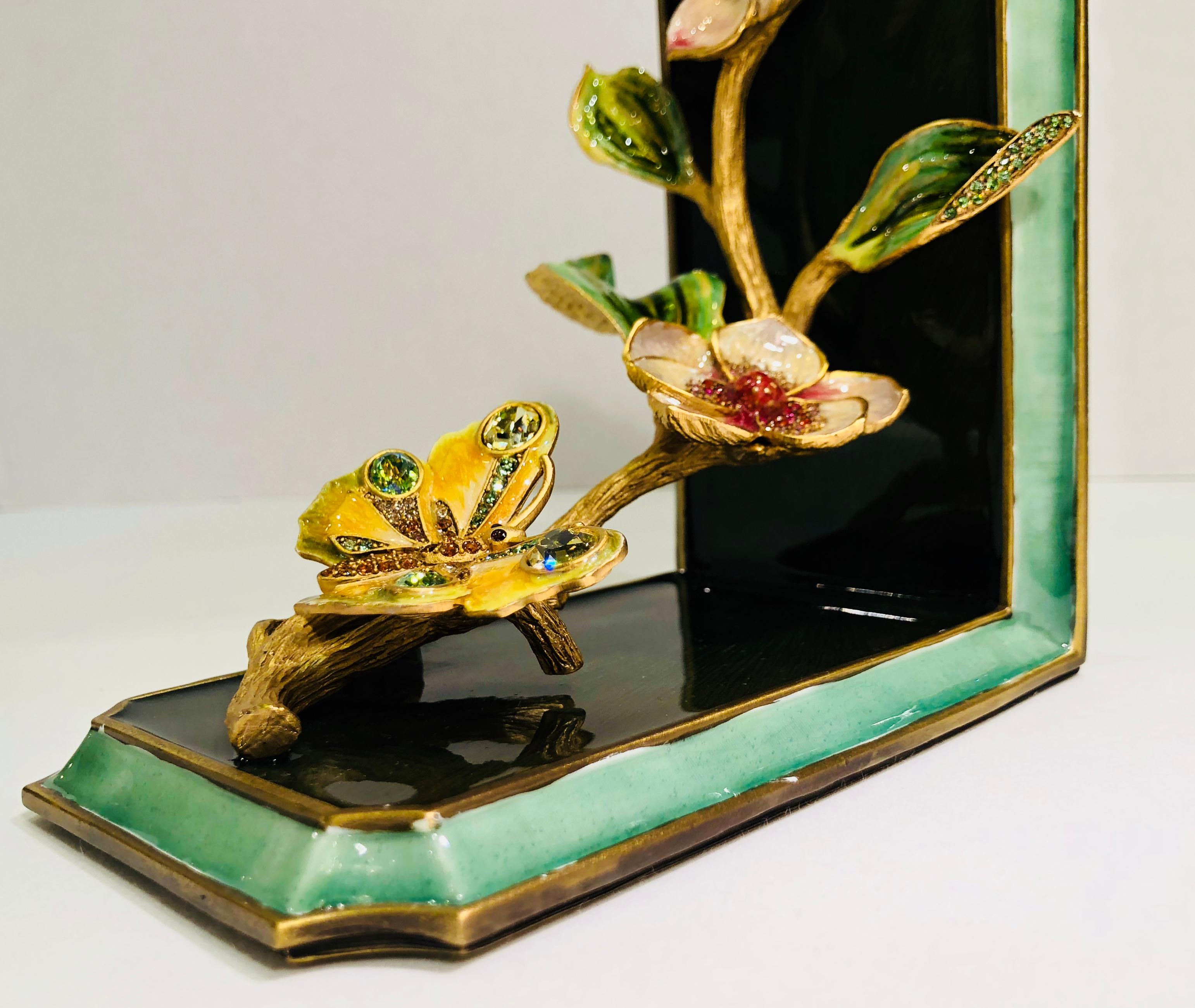 Exquisite Jay Strongwater Jeweled Enamel Dogwood Flowers and Butterfly Bookend 11