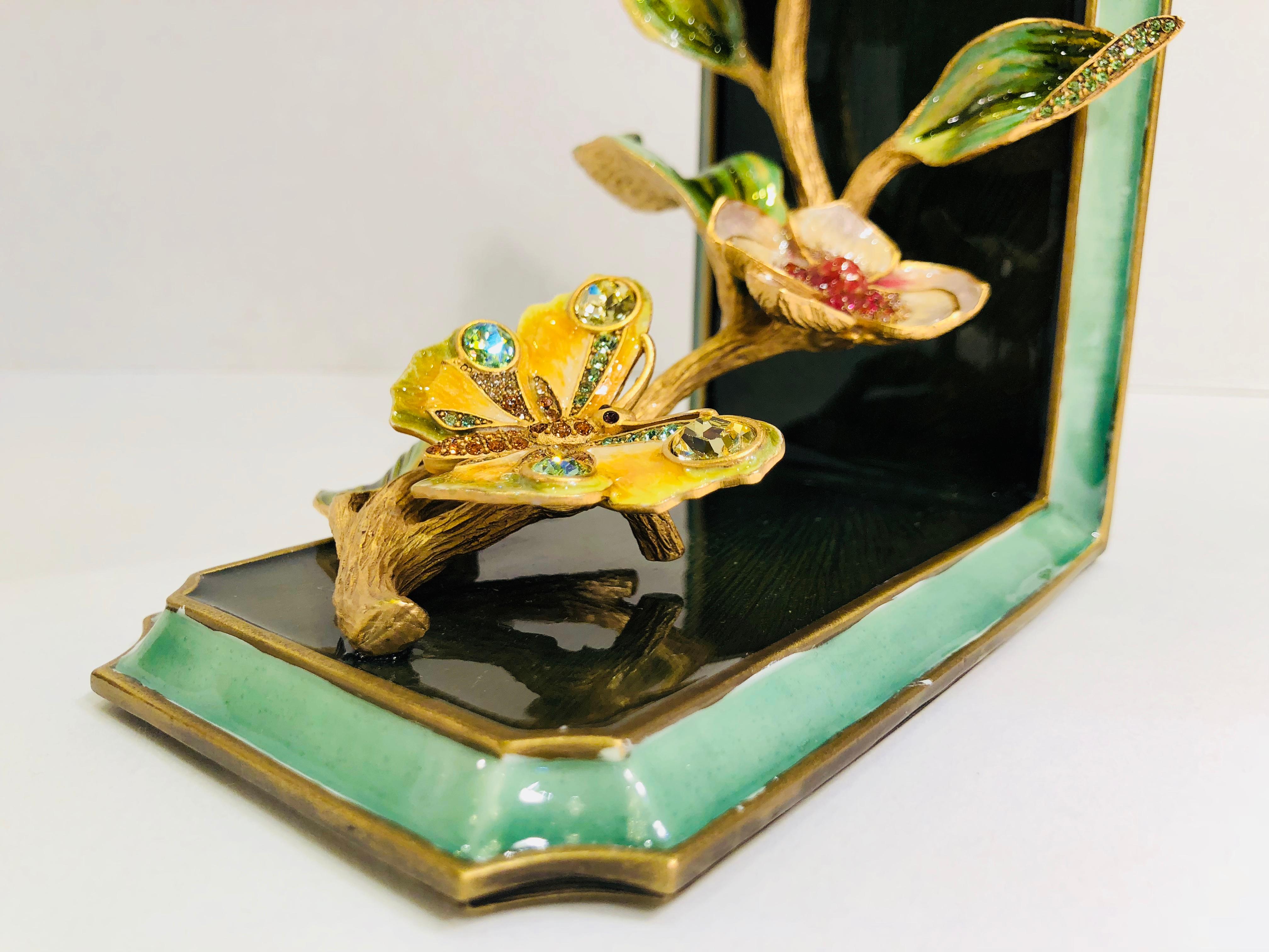 Exquisite Jay Strongwater Jeweled Enamel Dogwood Flowers and Butterfly Bookend In Excellent Condition In Tustin, CA