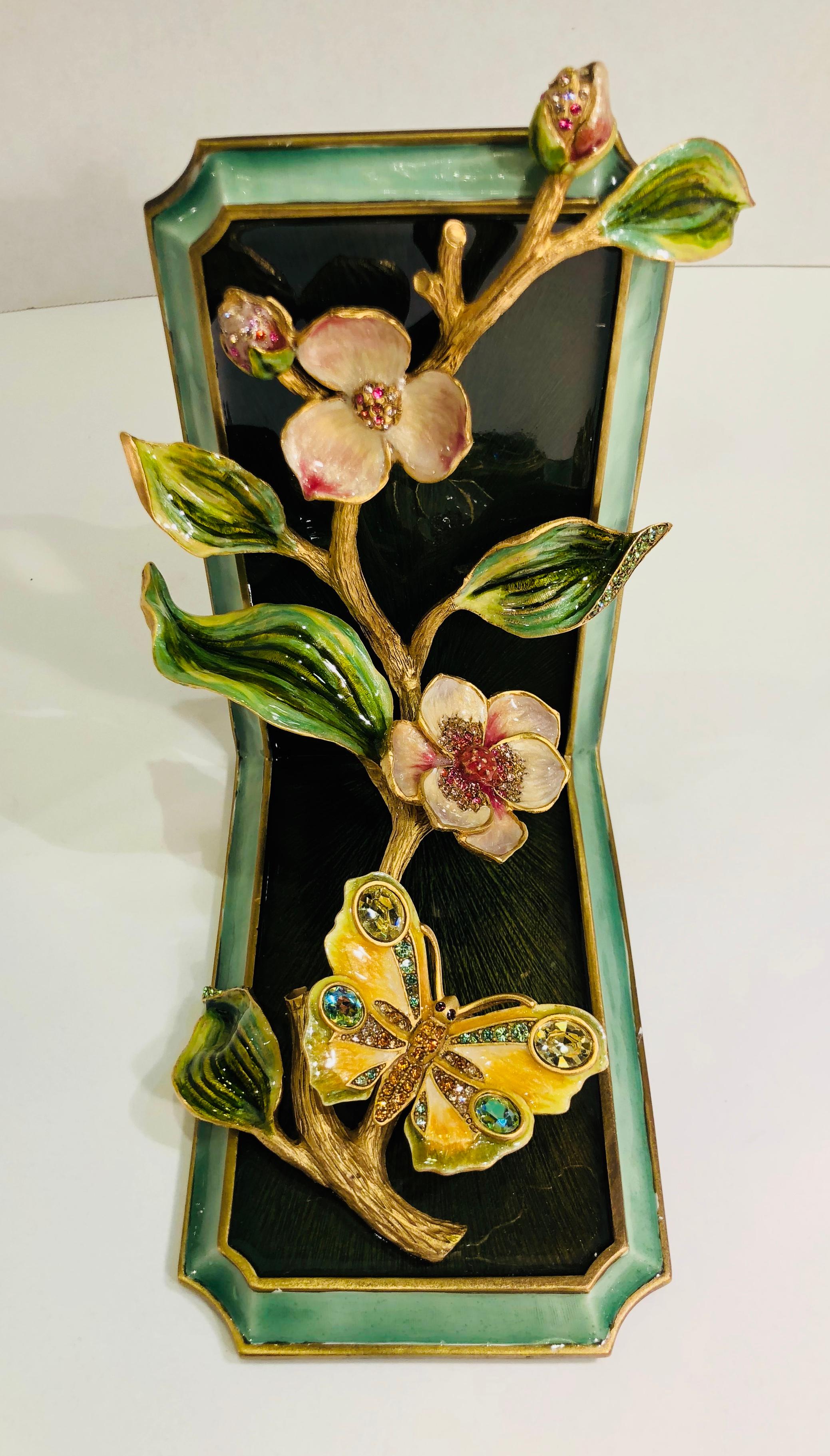 Modern Exquisite Jay Strongwater Jeweled Enamel Dogwood Flowers and Butterfly Bookend