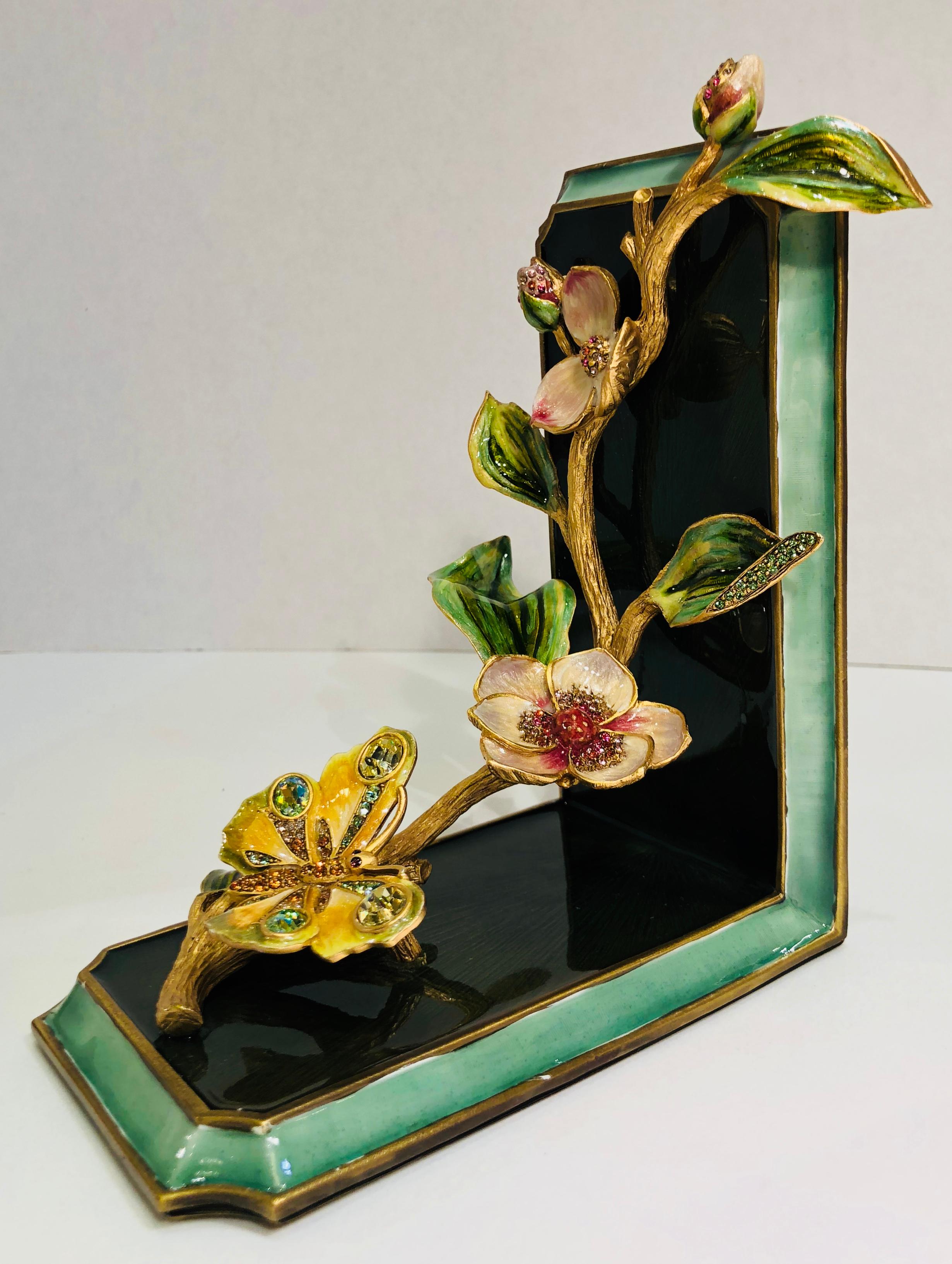 Women's or Men's Exquisite Jay Strongwater Jeweled Enamel Dogwood Flowers and Butterfly Bookend
