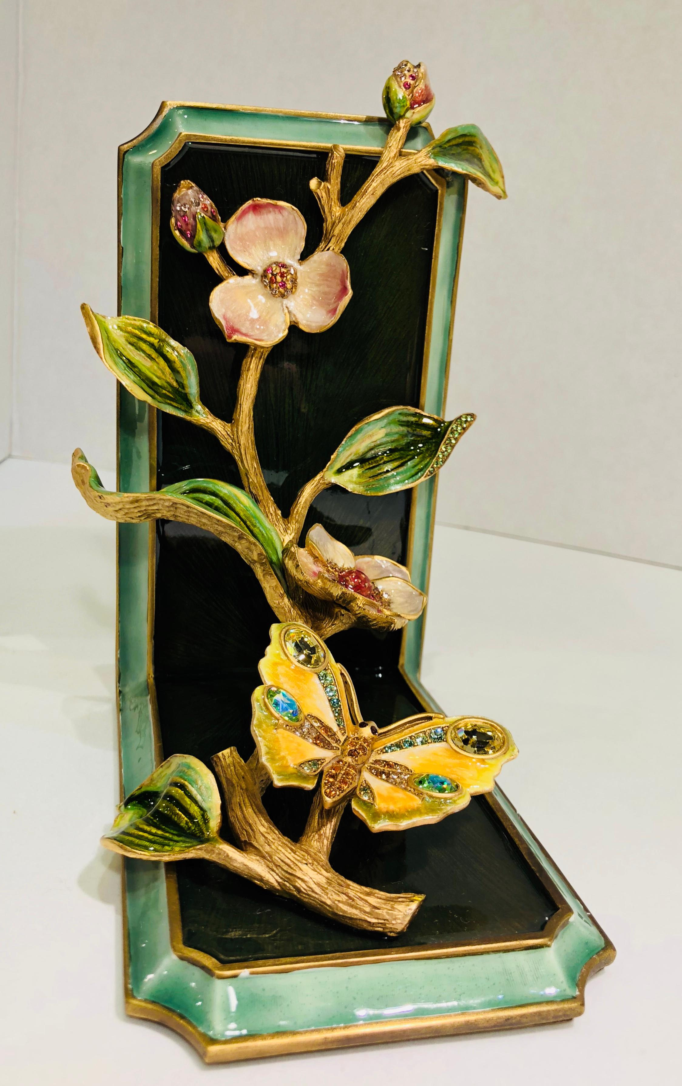 Exquisite Jay Strongwater Jeweled Enamel Dogwood Flowers and Butterfly Bookend 1