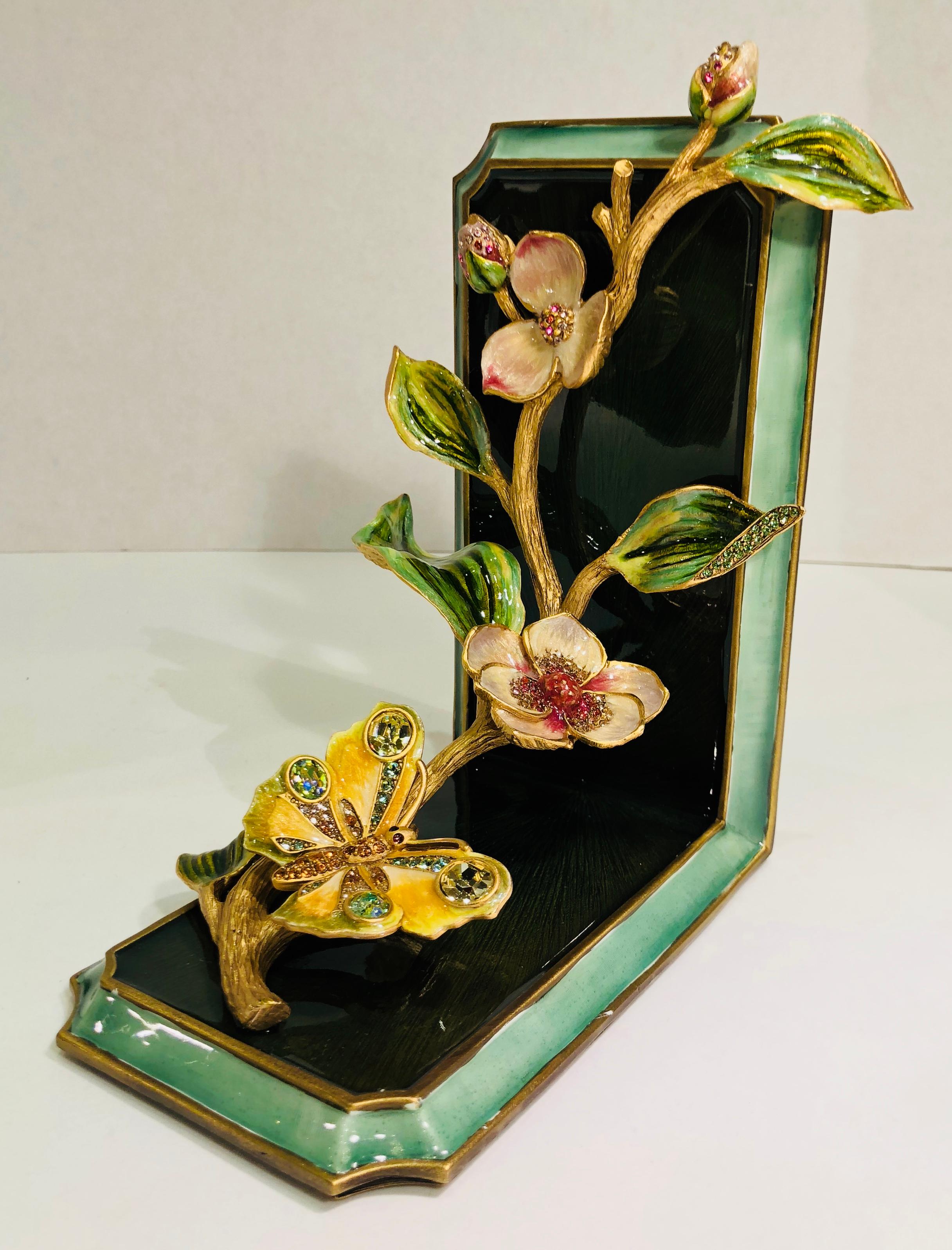 Exquisite Jay Strongwater Jeweled Enamel Dogwood Flowers and Butterfly Bookend 2