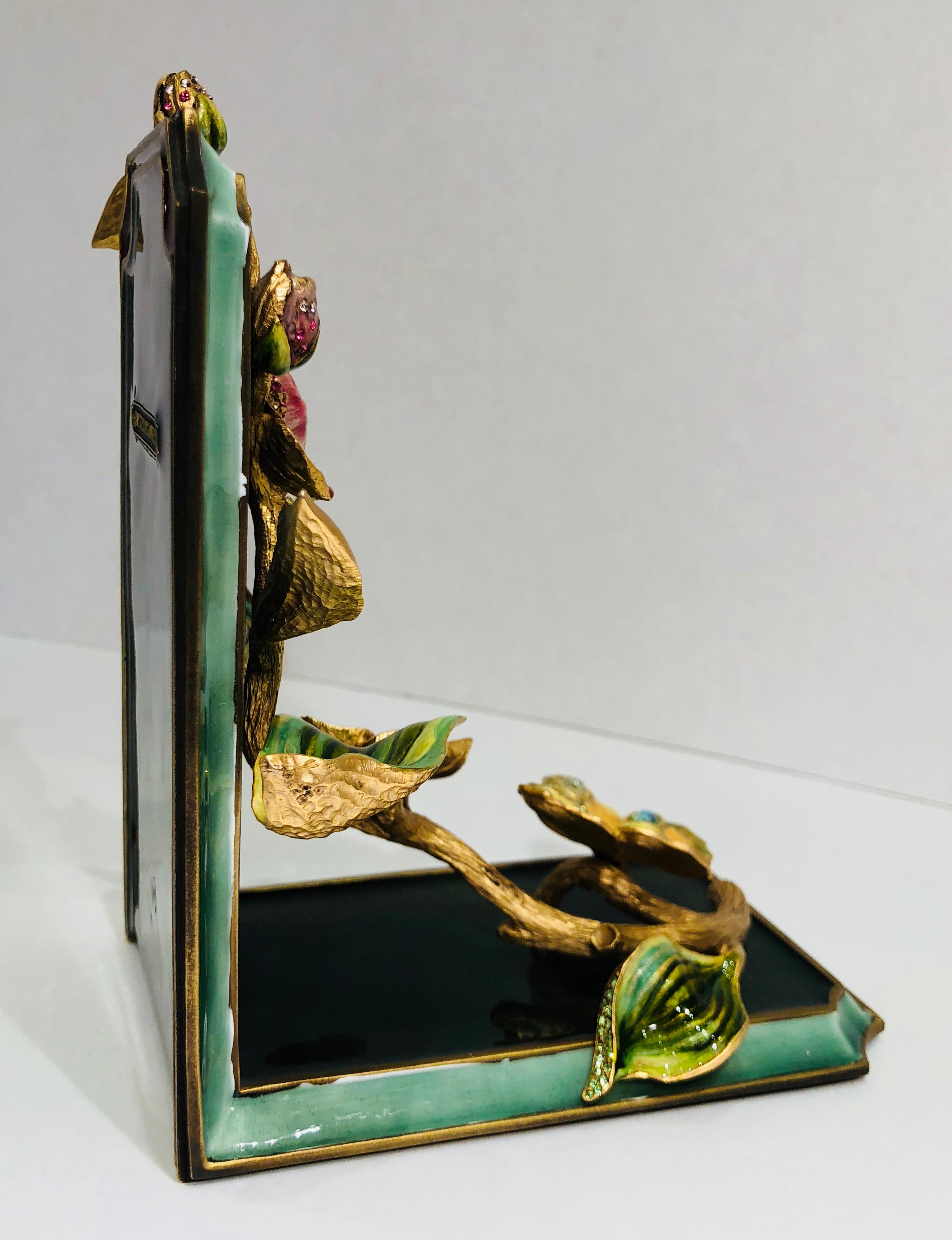 Exquisite Jay Strongwater Jeweled Enamel Dogwood Flowers and Butterfly Bookend In Excellent Condition In Tustin, CA