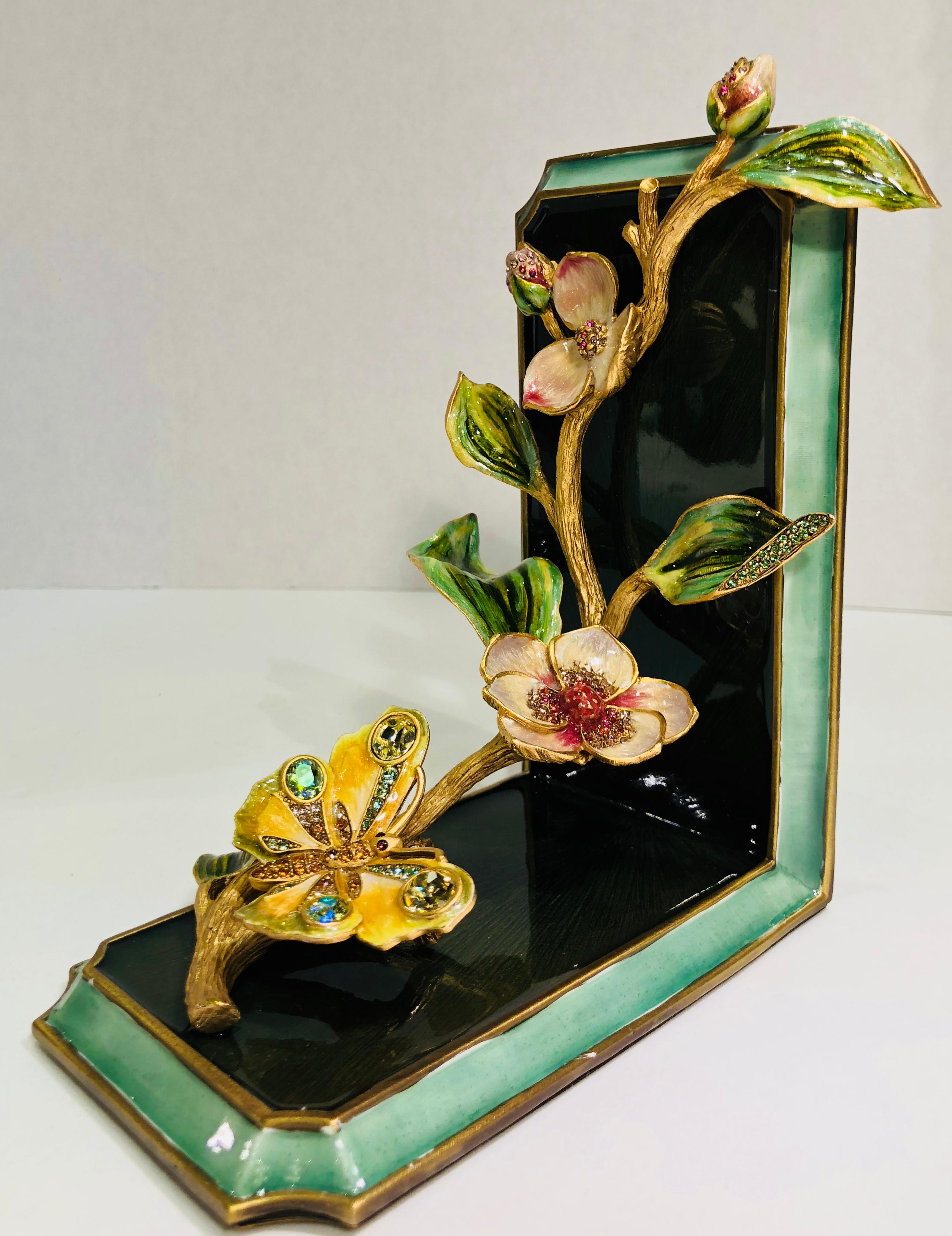 Contemporary Exquisite Jay Strongwater Jeweled Enamel Dogwood Flowers and Butterfly Bookend