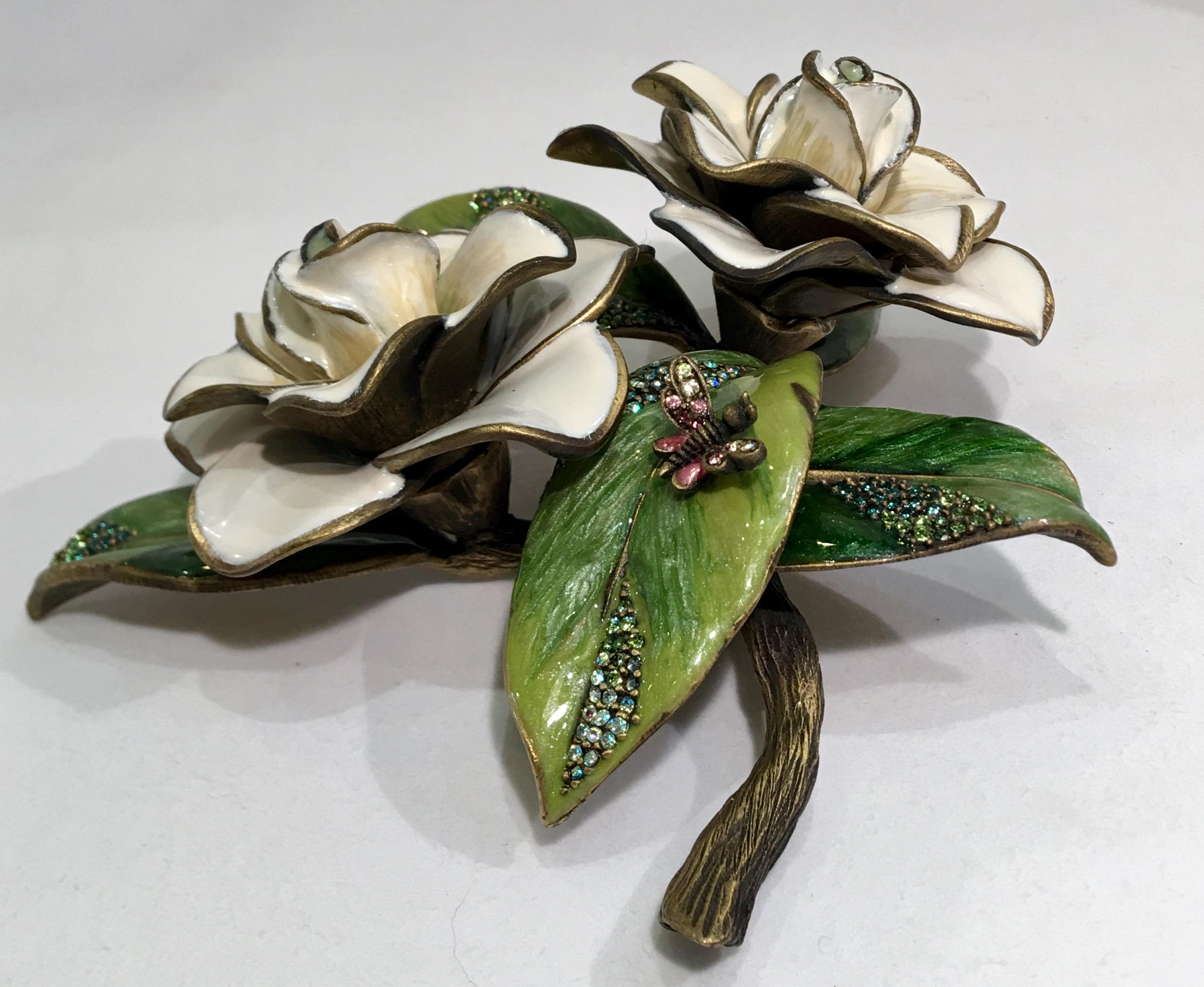 Exquisite Jay Strongwater Jeweled Enamel Gardenia Flowers Objet d’Art In Excellent Condition In Tustin, CA
