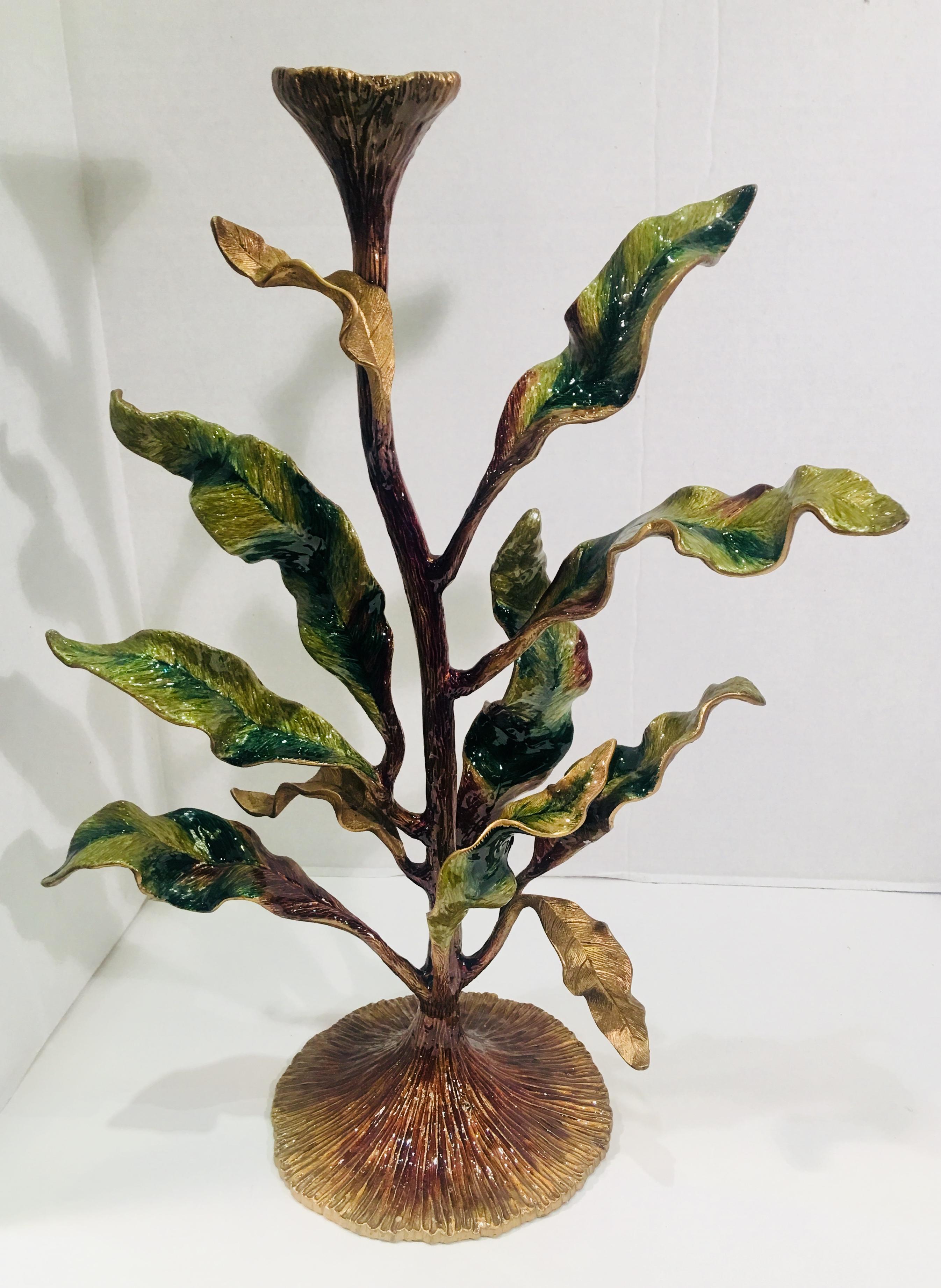 Modern Exquisite Jay Strongwater Tall Undulating Leaves Enameled Metal Candleholder For Sale