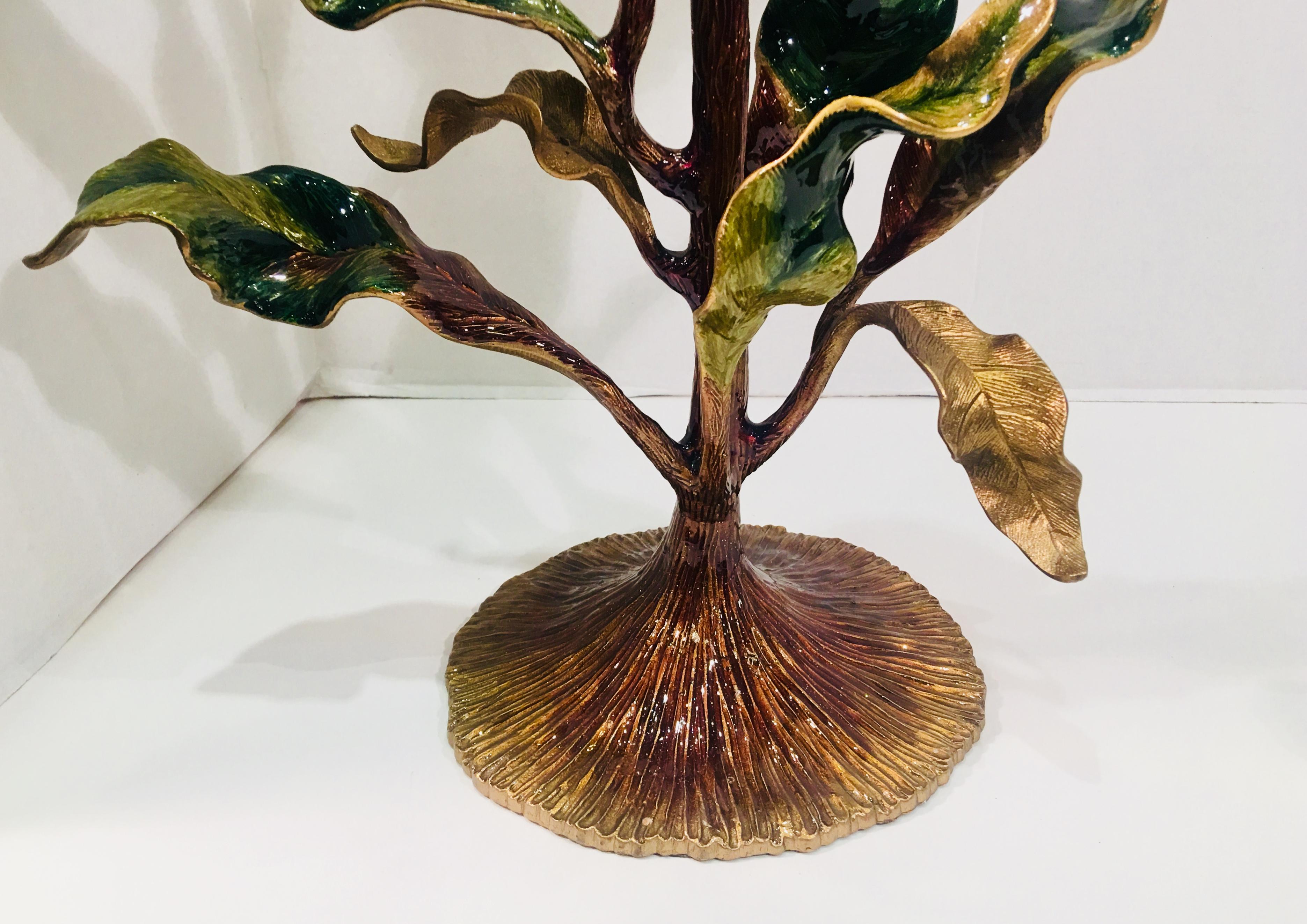 American Exquisite Jay Strongwater Tall Undulating Leaves Enameled Metal Candleholder For Sale