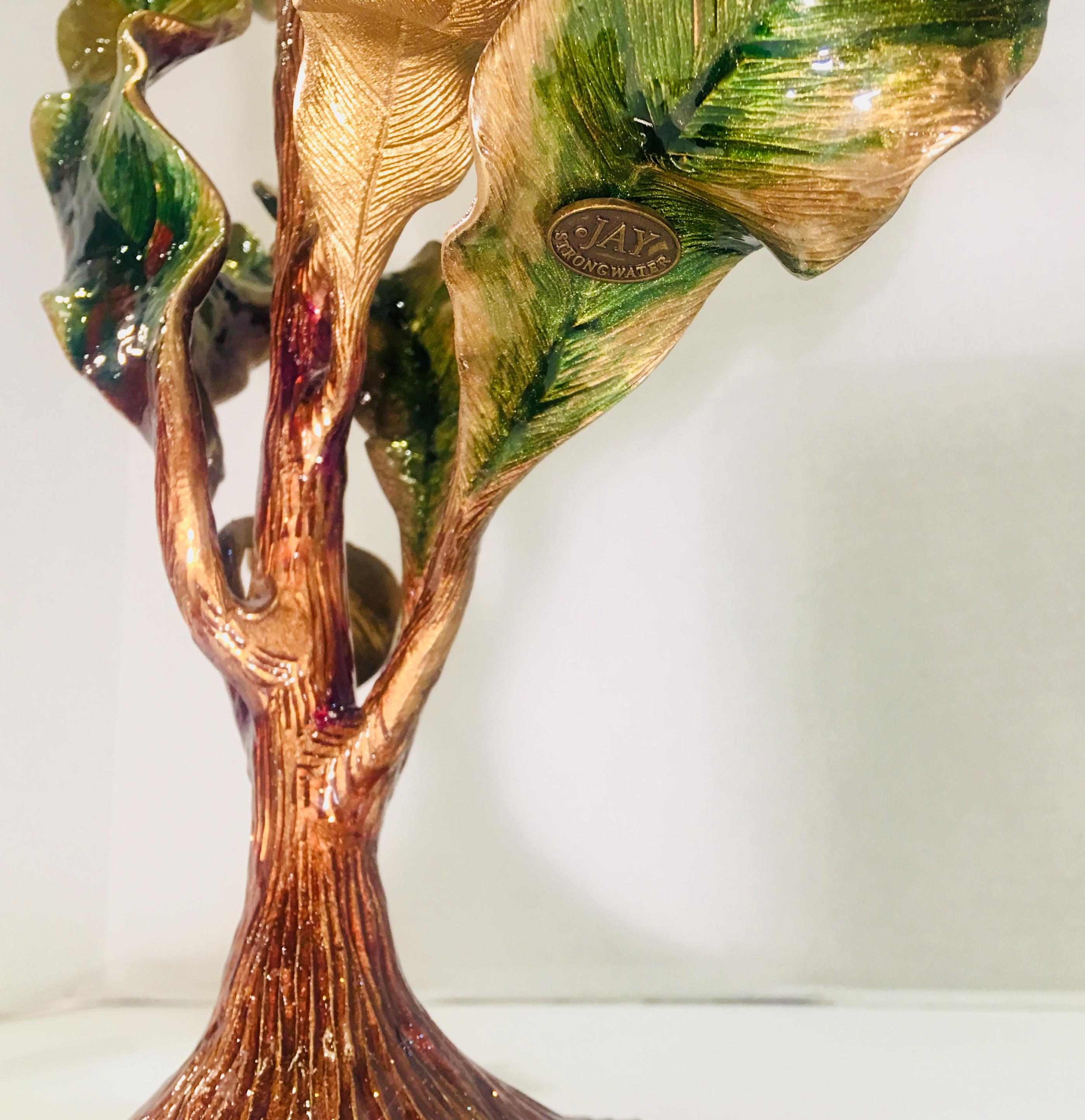 Exquisite Jay Strongwater Tall Undulating Leaves Enameled Metal Candleholder In Excellent Condition For Sale In Tustin, CA