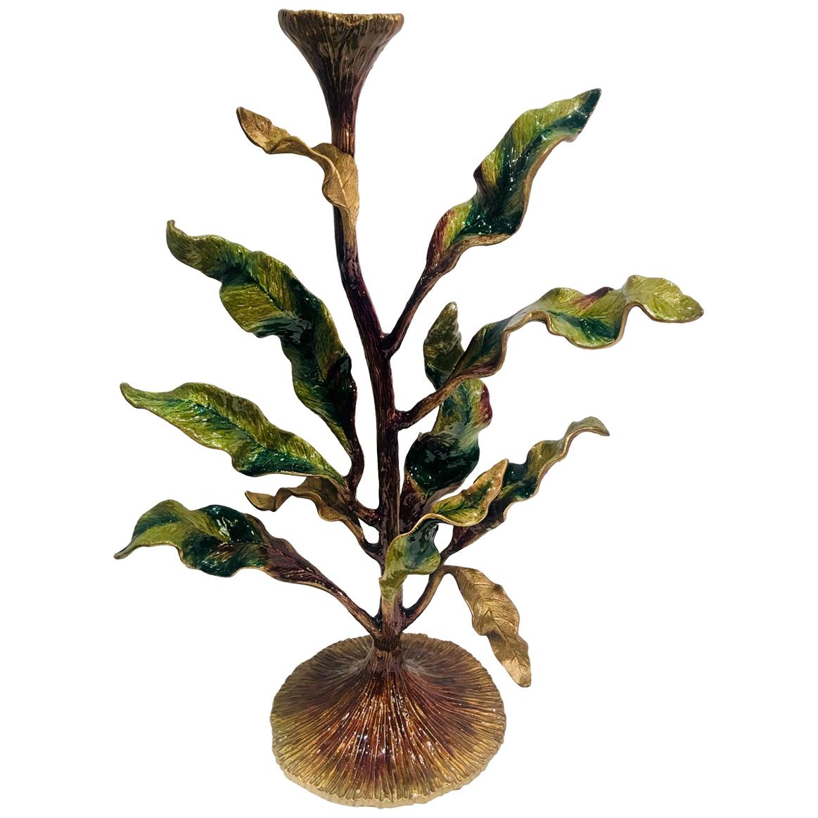 Exquisite Jay Strongwater Tall Undulating Leaves Enameled Metal Candleholder