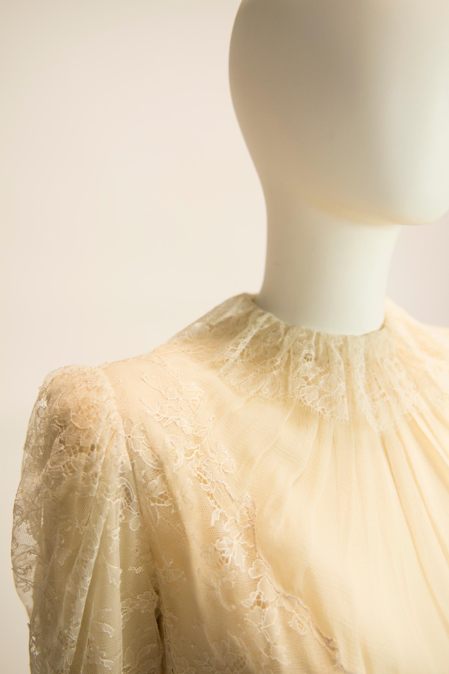 Exquisite Jean Louis Scherrer Couture Silk Chiffon & Lace-Trimmed Dress For Sale 11