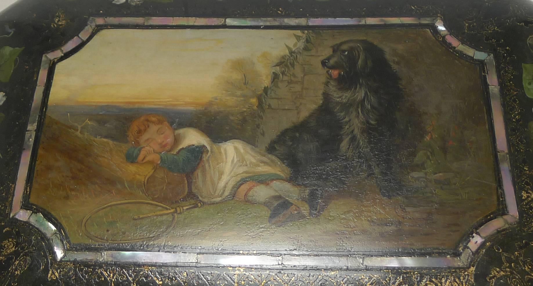 Exquisite Jennens & Bettridge Jewelry Box circa 1850, Girl and Dog Painting 2