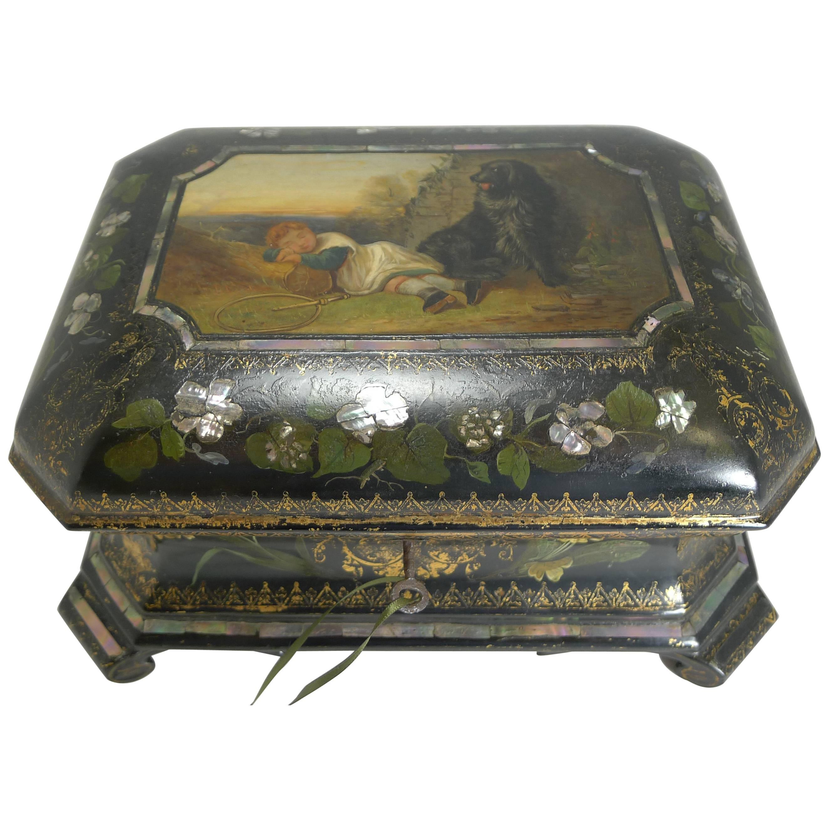 Exquisite Jennens 
Bettridge Jewelry Box circa 1850, Girl and Dog Painting