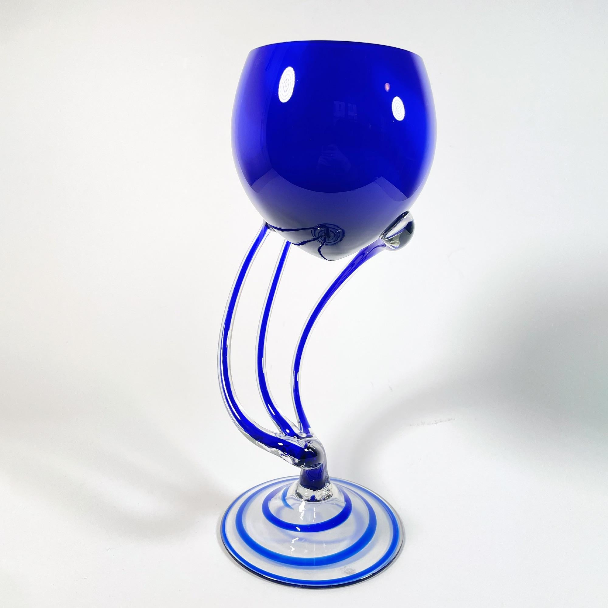Exquisite Jozefina Krosno Blue Stemmed Glasses - 1980s Vintage Charm In Excellent Condition For Sale In PARIS, FR