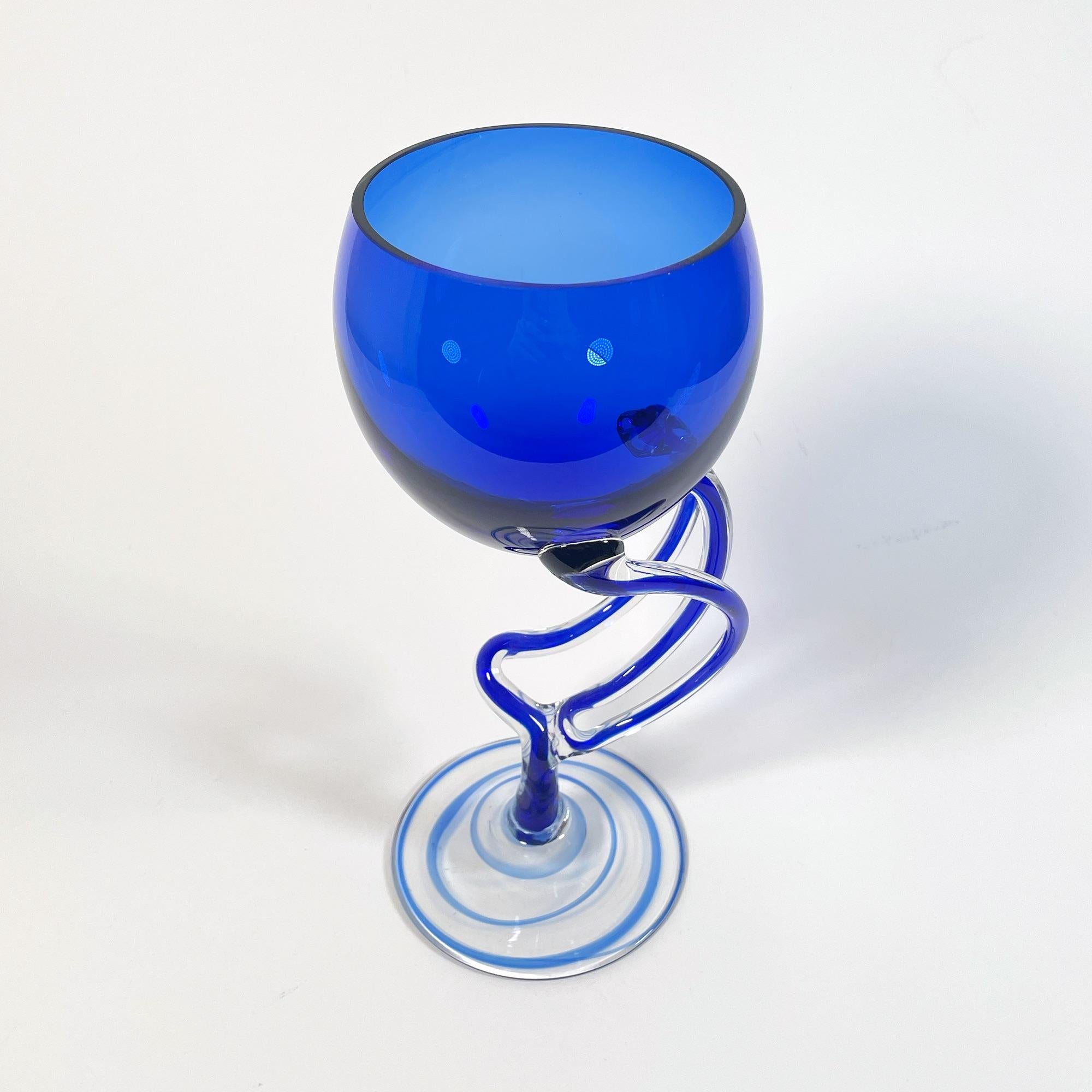 Exquisite Jozefina Krosno Blue Stemmed Glasses - 1980s Vintage Charm For Sale 2