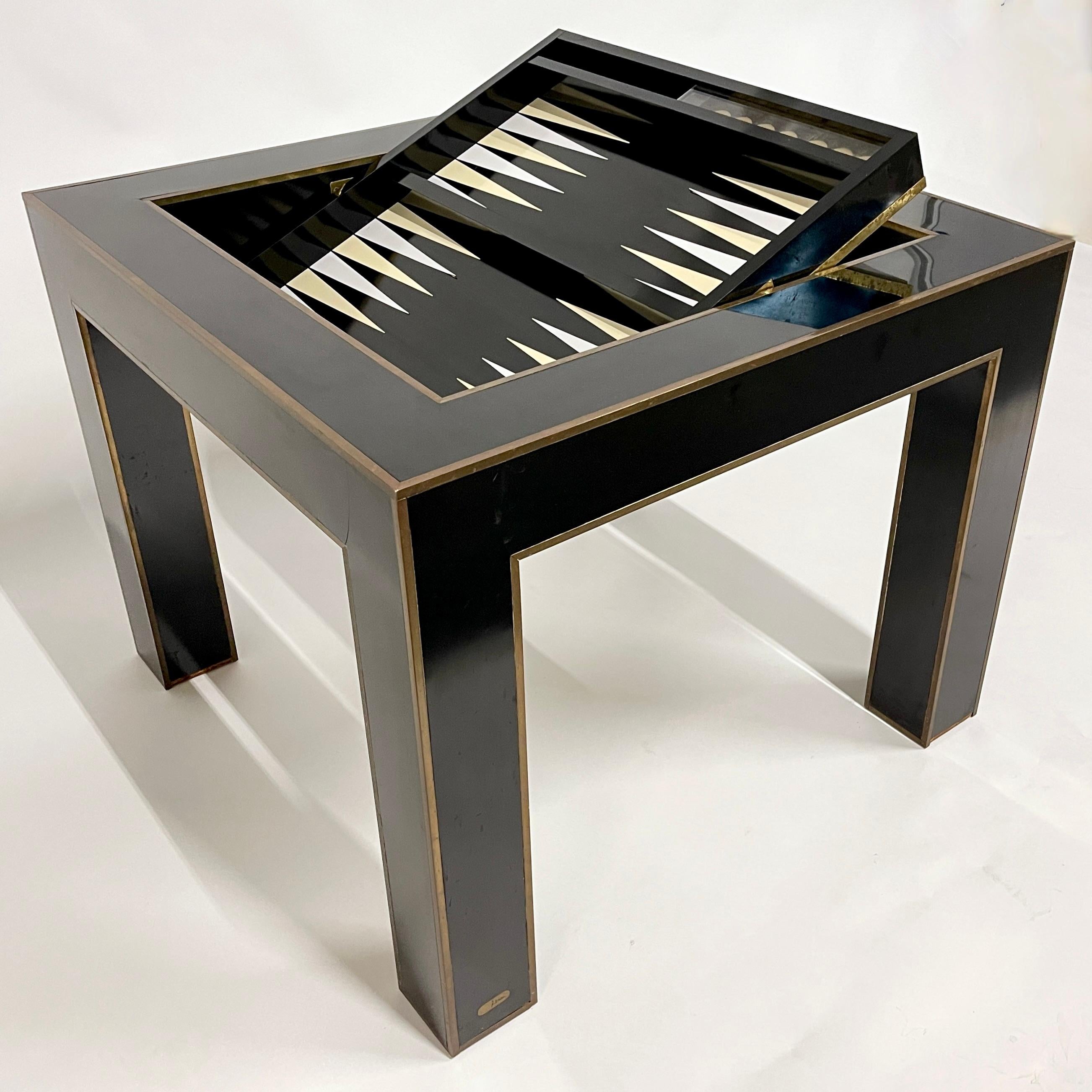 American Exquisite Karl Springer Flip Top Parsons Game Table w Leather, Lacquer & Brass