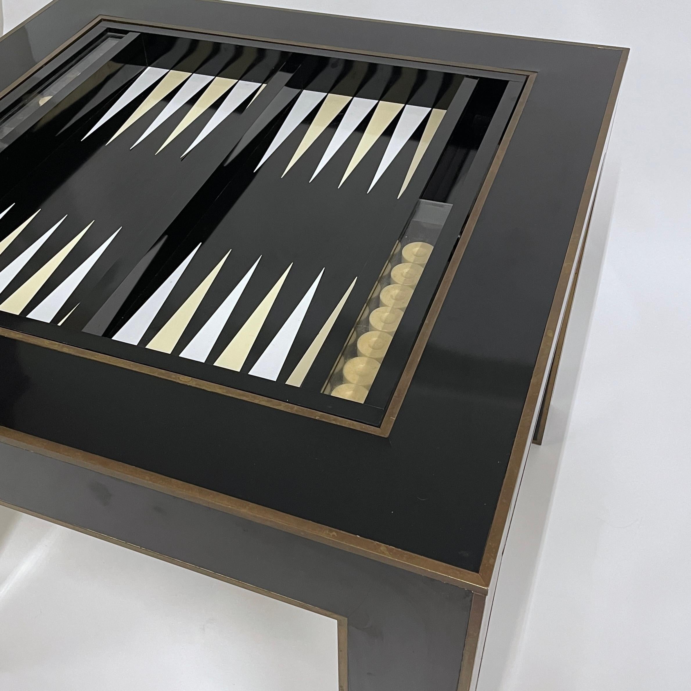 Exquisite Karl Springer Flip Top Parsons Game Table w Leather, Lacquer & Brass In Good Condition In Hudson, NY