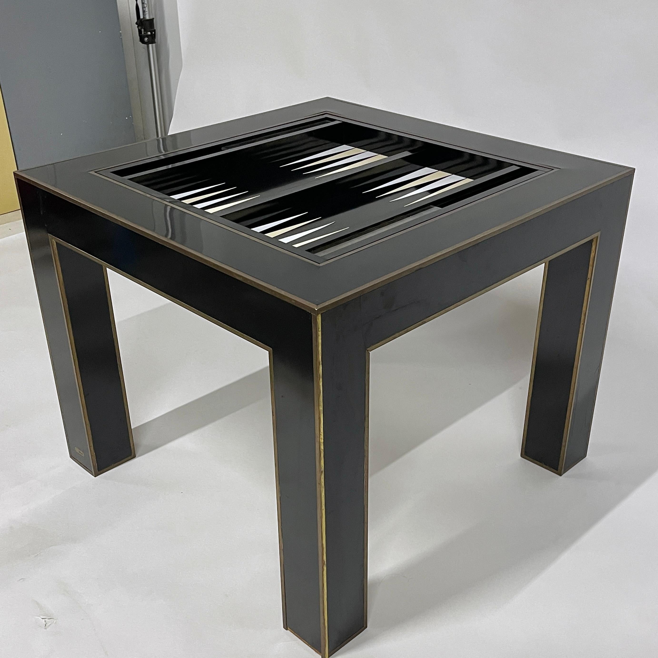 Exquisite Karl Springer Flip Top Parsons Game Table w Leather, Lacquer & Brass 1