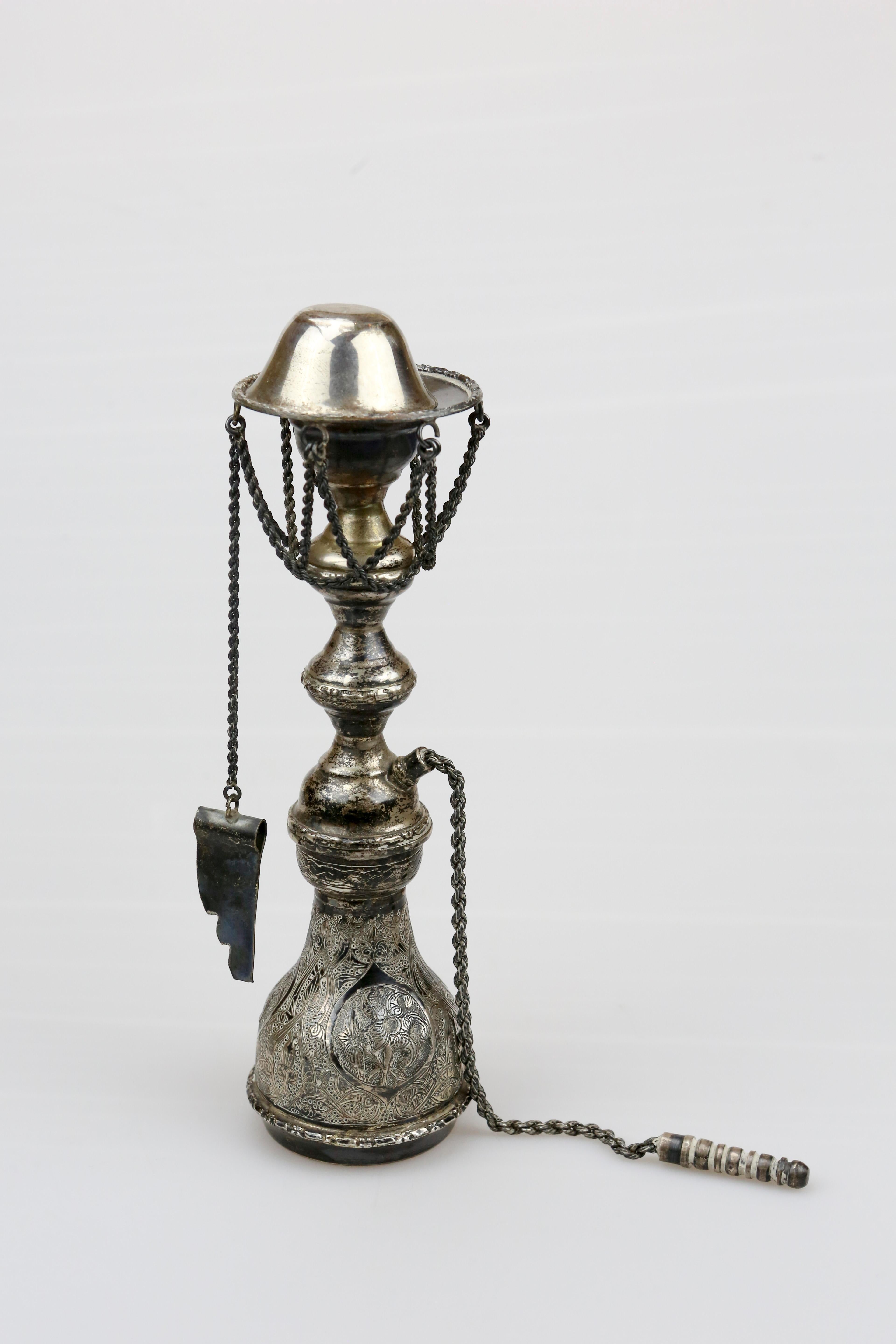 Engraved Exquisite Persian Silver Miniature Decorative Hookah For Sale