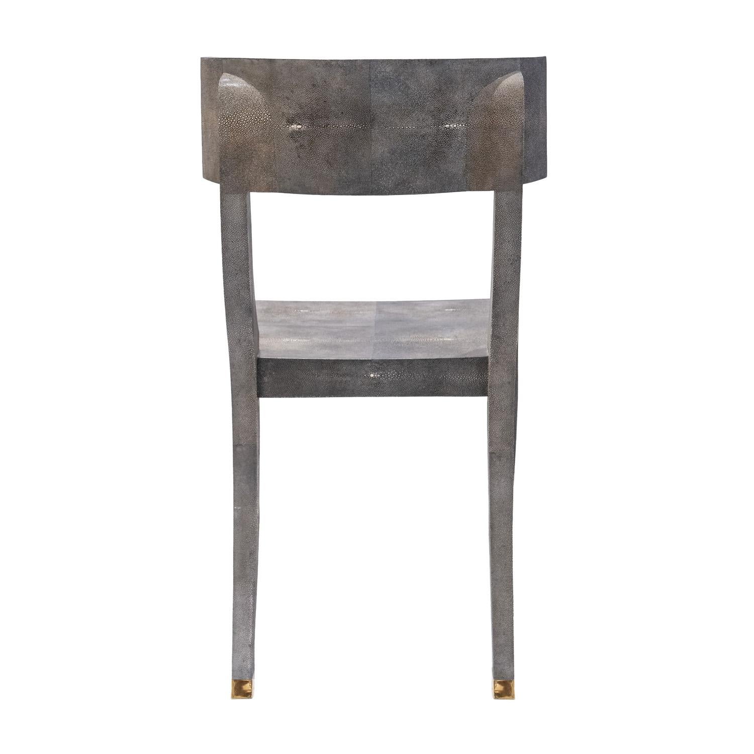 Hand-Crafted Exquisite Klismos Chair in Blue/Gray Shagreen with Brass Sabots 1980s For Sale