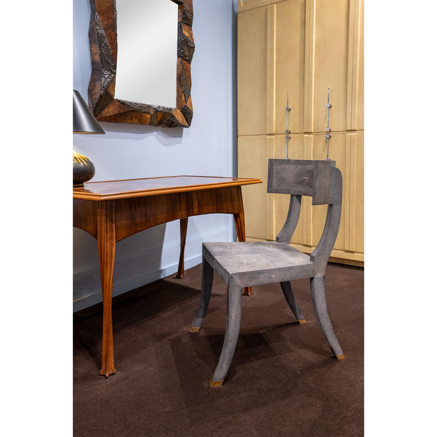 Exquisite Klismos Chair in Blue/Gray Shagreen with Brass Sabots 1980s For Sale 2
