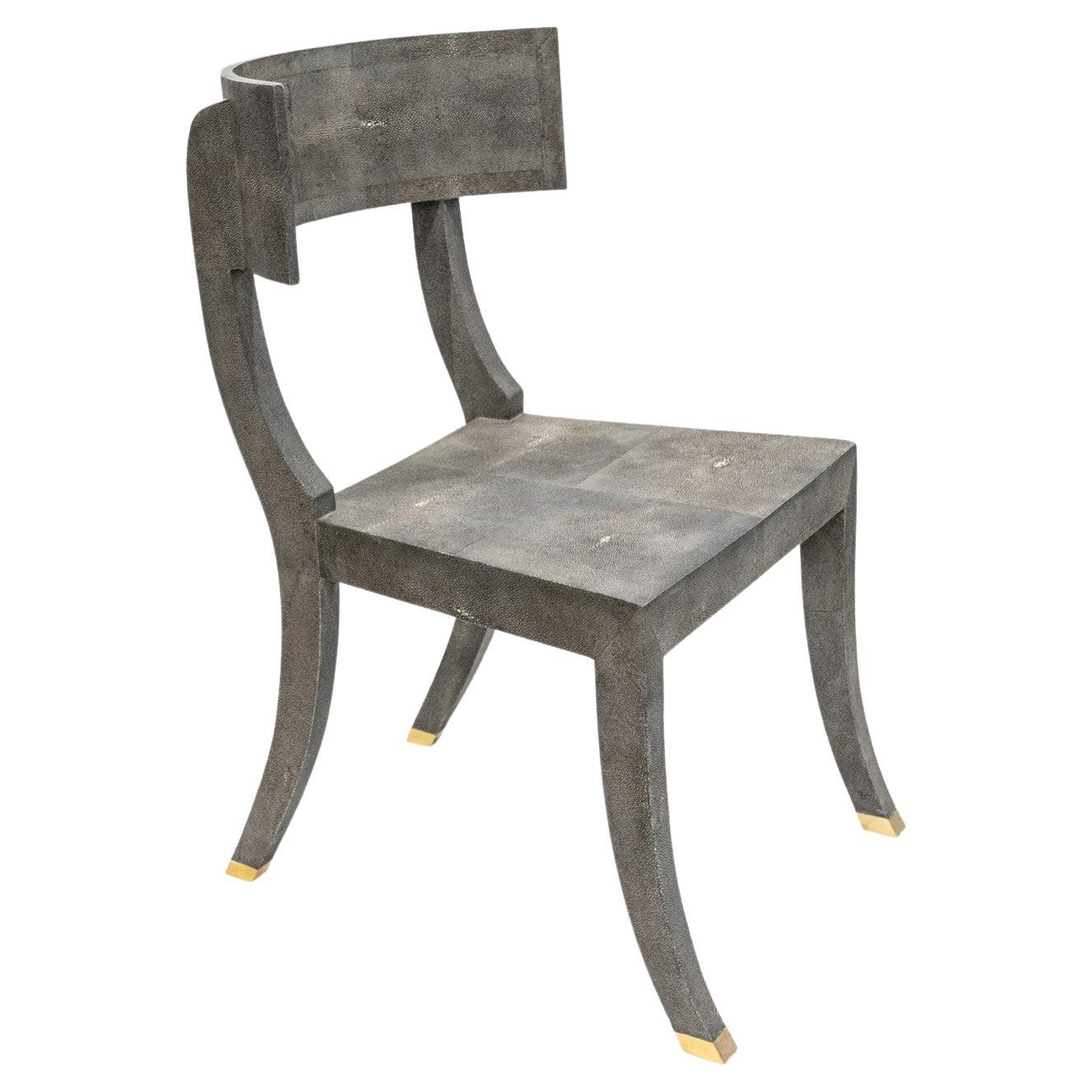 Exquisite Klismos Chair in Blue/Gray Shagreen with Brass Sabots 1980s For Sale