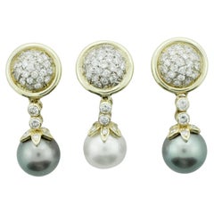 Exquisitos Pendientes de Diamantes y Perlas de Oro Amarillo de 14 K para Dama (Juego de 3)