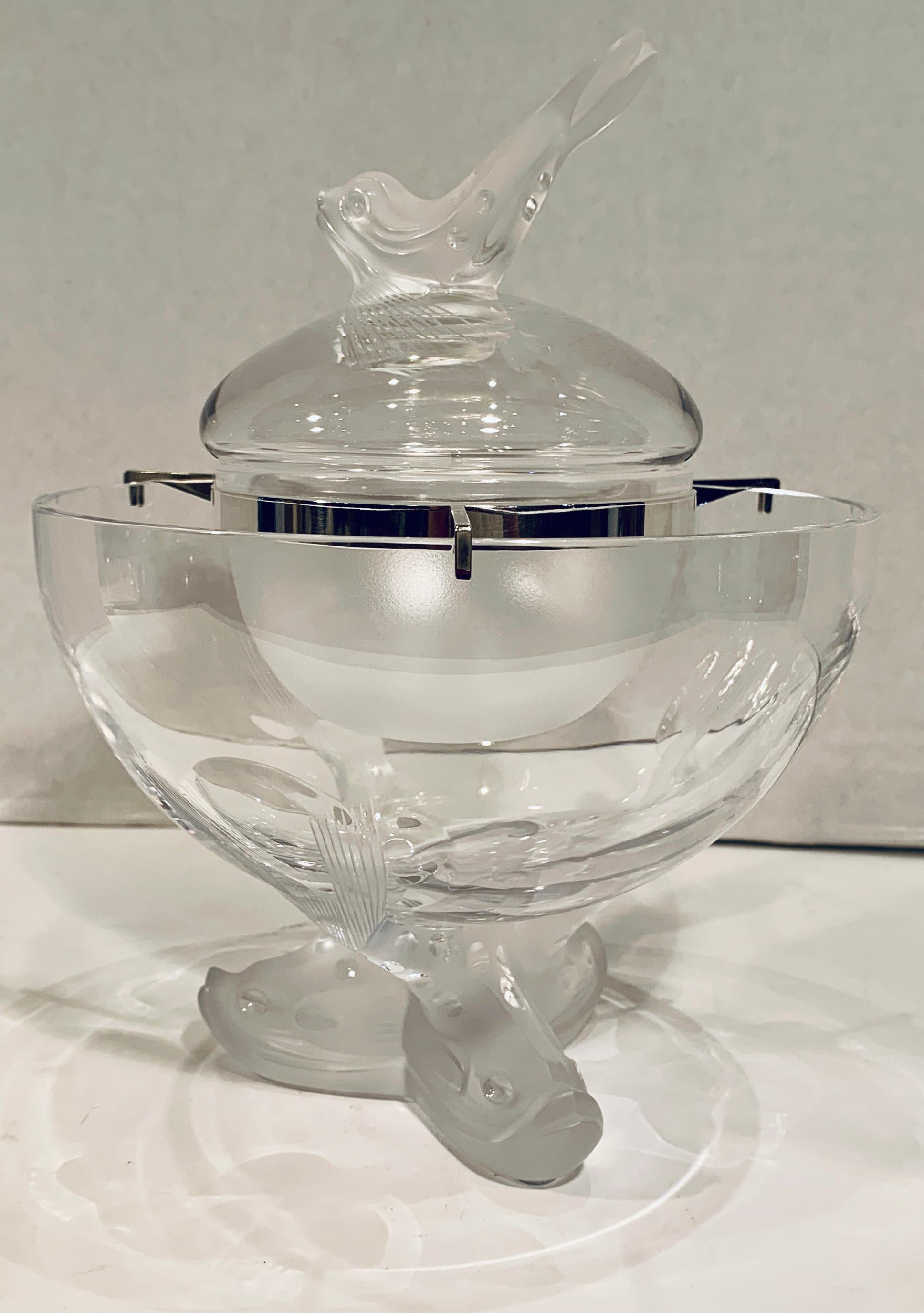 Exquisite Lalique France Crystal Caviar Serving Dish in Igor Dolphin Pattern 1