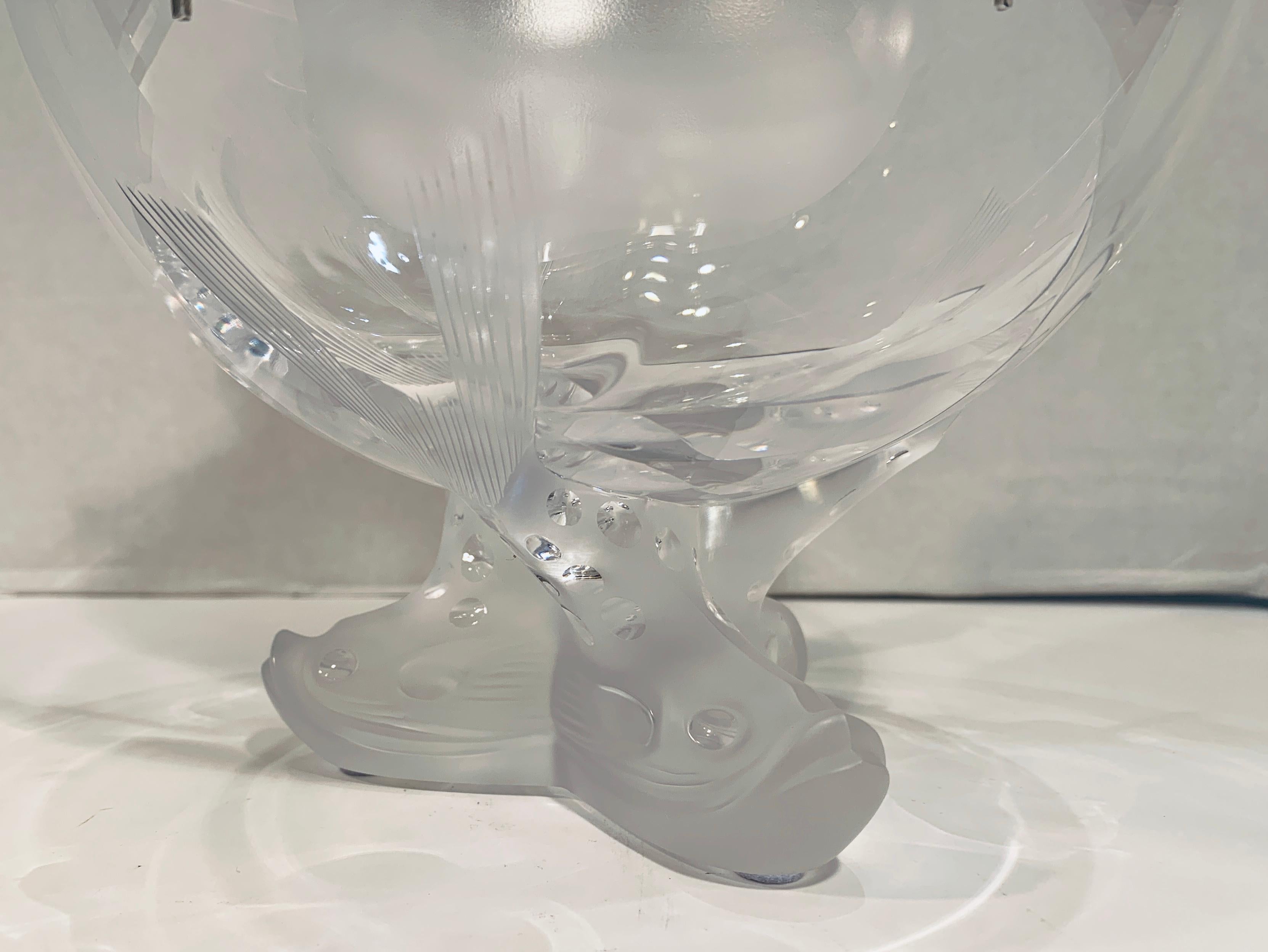 Modern Exquisite Lalique France Crystal Caviar Serving Dish in Igor Dolphin Pattern