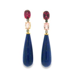 Superbes boucles d'oreilles pendantes en lapis-lazuli, grenat, morganite et diamants, en or jaune 14 carats