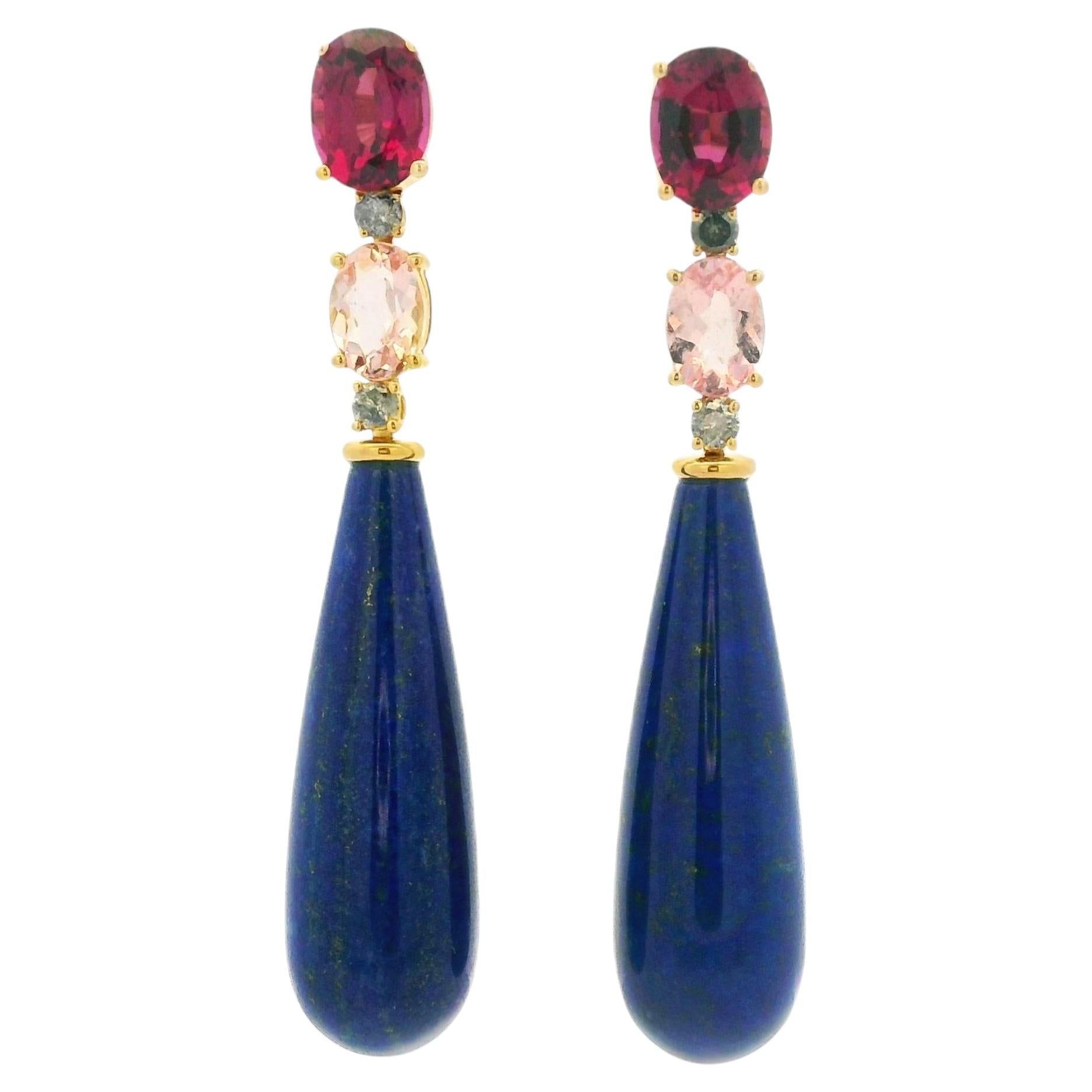 Exquisite Lapis Lazuli Garnet Morganite and Diamond Drop Earrings in 14K Yellow