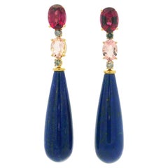Superbes boucles d'oreilles pendantes en lapis-lazuli, grenat, morganite et diamants, en or jaune 14 carats