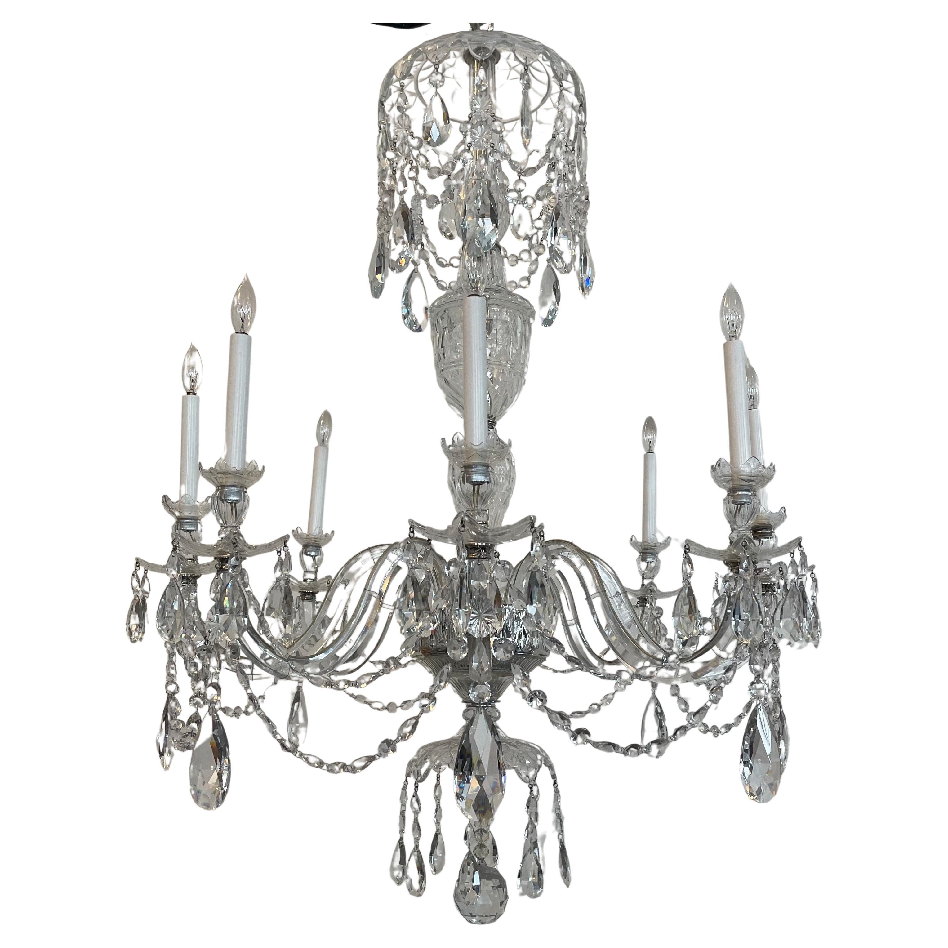 An Exquisite Large English / Georgian Crystal 8 Candelabra Light Chandelier With Multiple Layers Of Crystal Swags And Faceted Crystal Drops Enhancing This Truly Breathtaking Substantial Chandelier, Wiring Has Been Updated And Comes Ready To Install