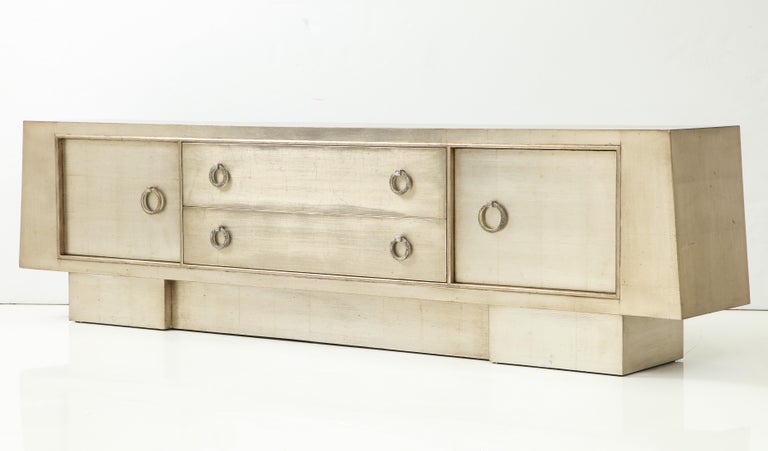 Exquisite Large Glazed Silver Leaf Cabinet By James Mont For Sale