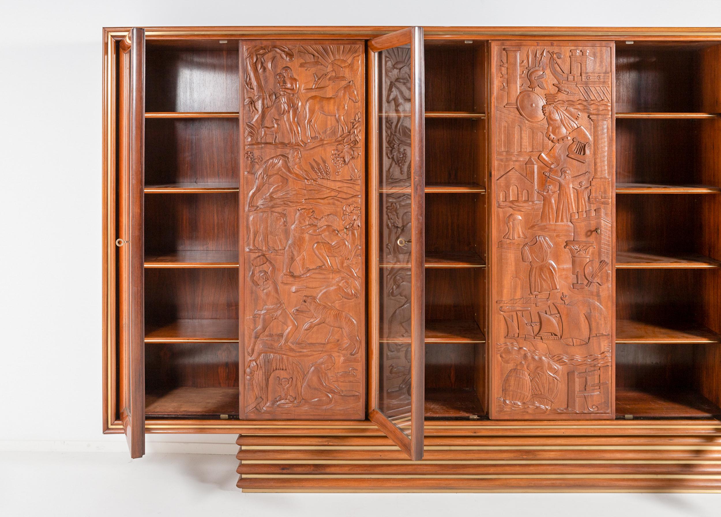 Mid-Century Modern Exquisite Large Italian Carved Walnut and Rosewood Display Cabinet For Sale